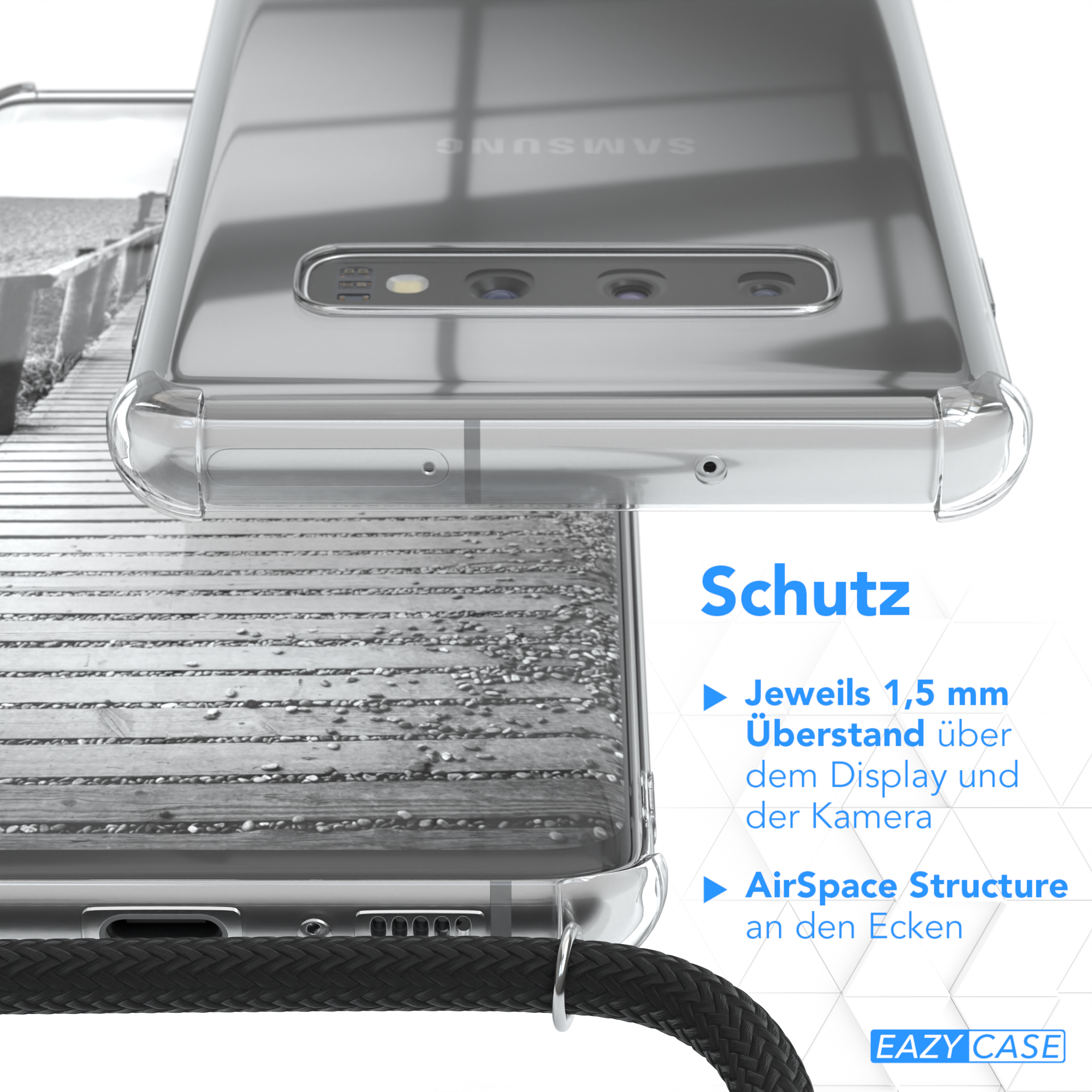 EAZY CASE Handykette Metall + extra Umhängetasche, Schwarz, S10, Gold Kordel Galaxy Samsung