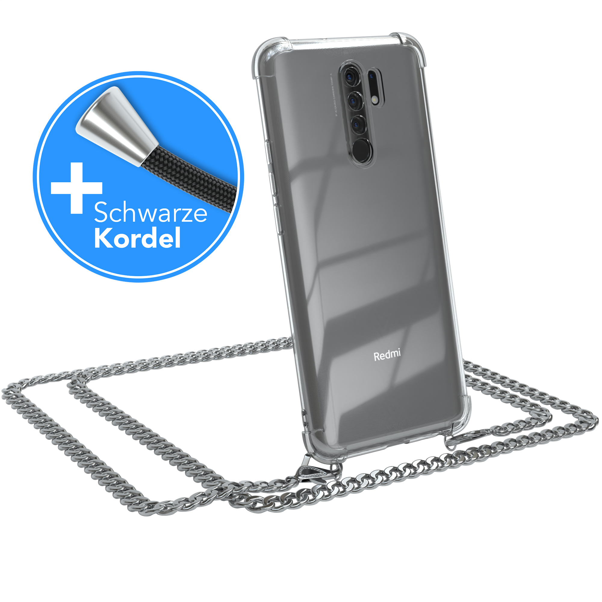 Redmi Silber Schwarz, / Metall 9 Redmi CASE Prime, Kordel 9 Handykette + extra Umhängetasche, EAZY Xiaomi,