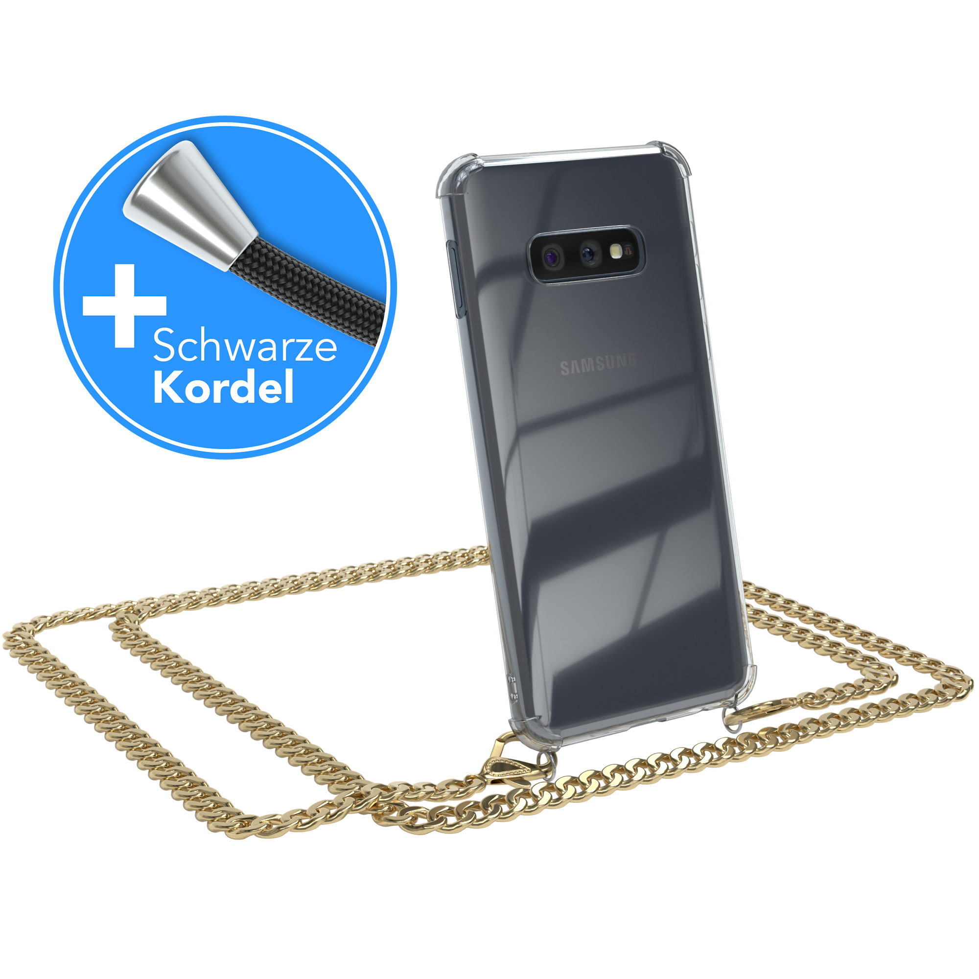 Kordel EAZY + Galaxy extra CASE Samsung, S10e, Umhängetasche, Metall Schwarz, Handykette Gold