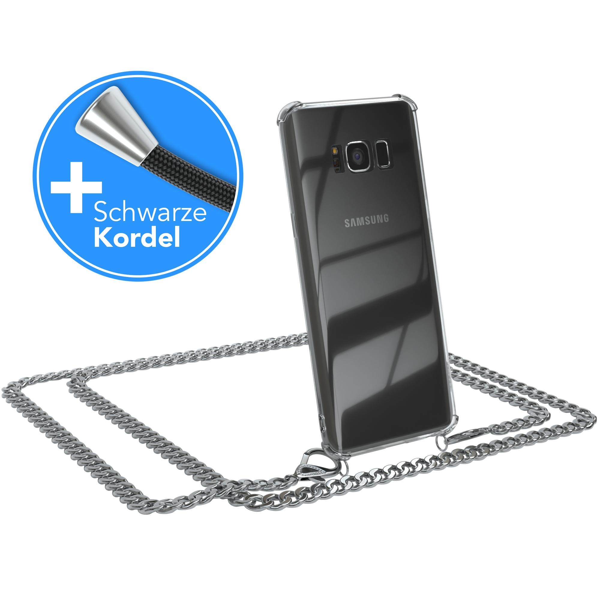 Samsung, extra Metall S8, + Kordel EAZY Schwarz, Umhängetasche, CASE Handykette Galaxy Silber