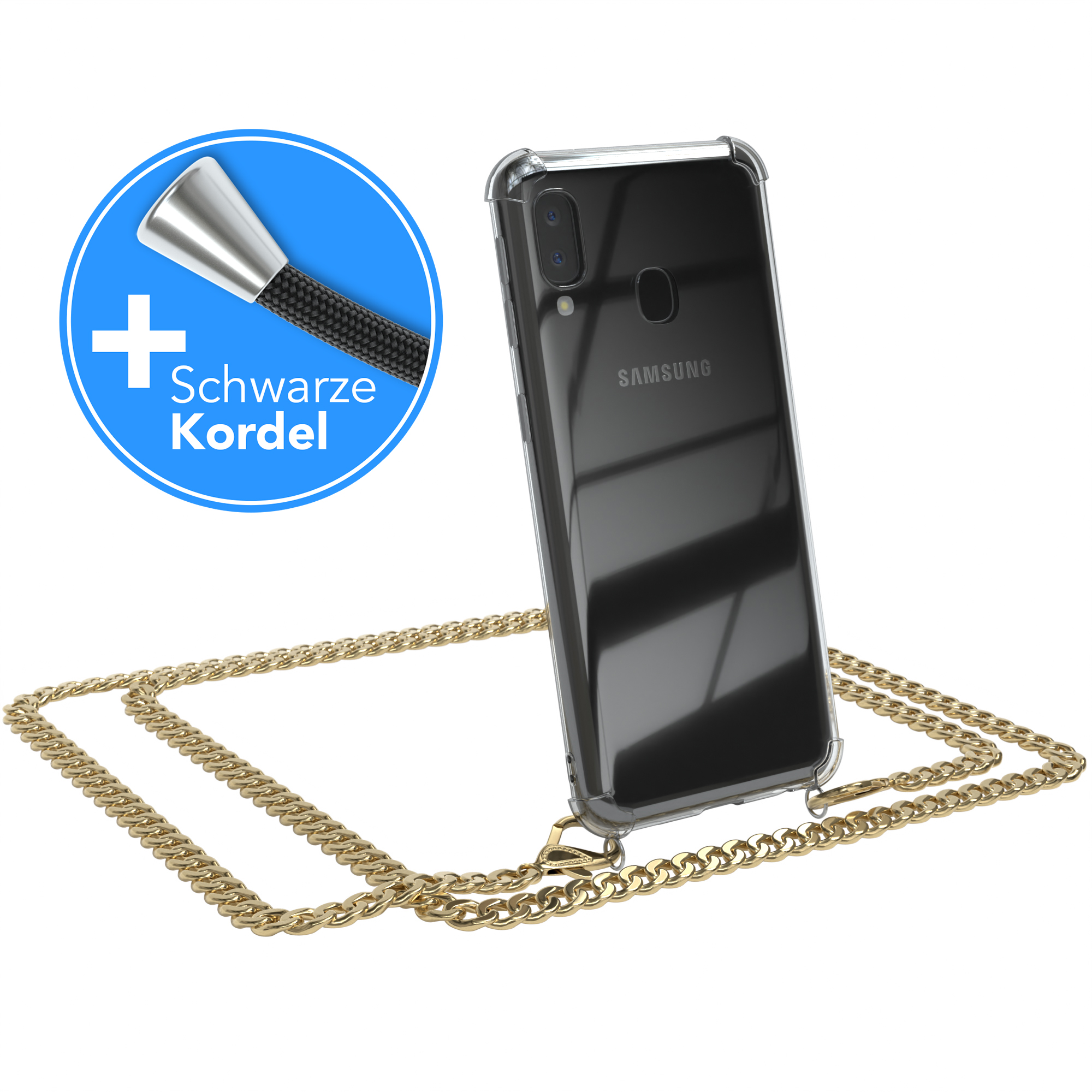 EAZY CASE Handykette + Gold Schwarz, Metall extra Kordel Umhängetasche, A20e, Samsung, Galaxy