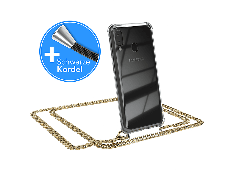 EAZY CASE Handykette Metall + extra Kordel Schwarz, Umhängetasche, Samsung, Galaxy A20e, Gold