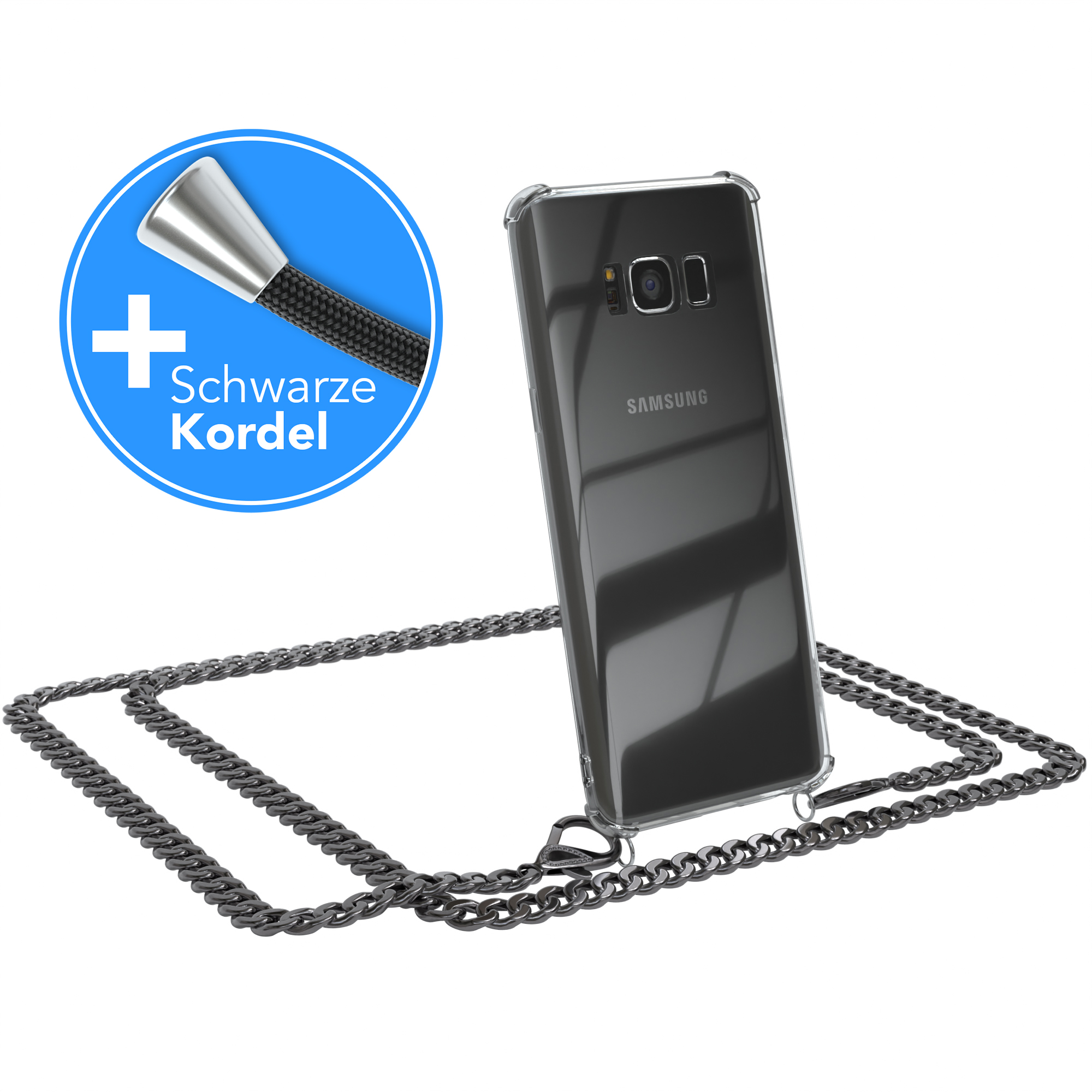 EAZY CASE Handykette Metall + Umhängetasche, Galaxy S8, Schwarz, Anthrazit Kordel Grau extra Samsung