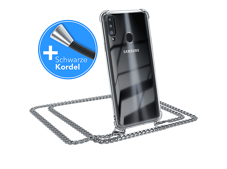 EAZY CASE Handykette Metall + extra Kordel Schwarz, Umhängetasche, Samsung, Galaxy A20s, Silber