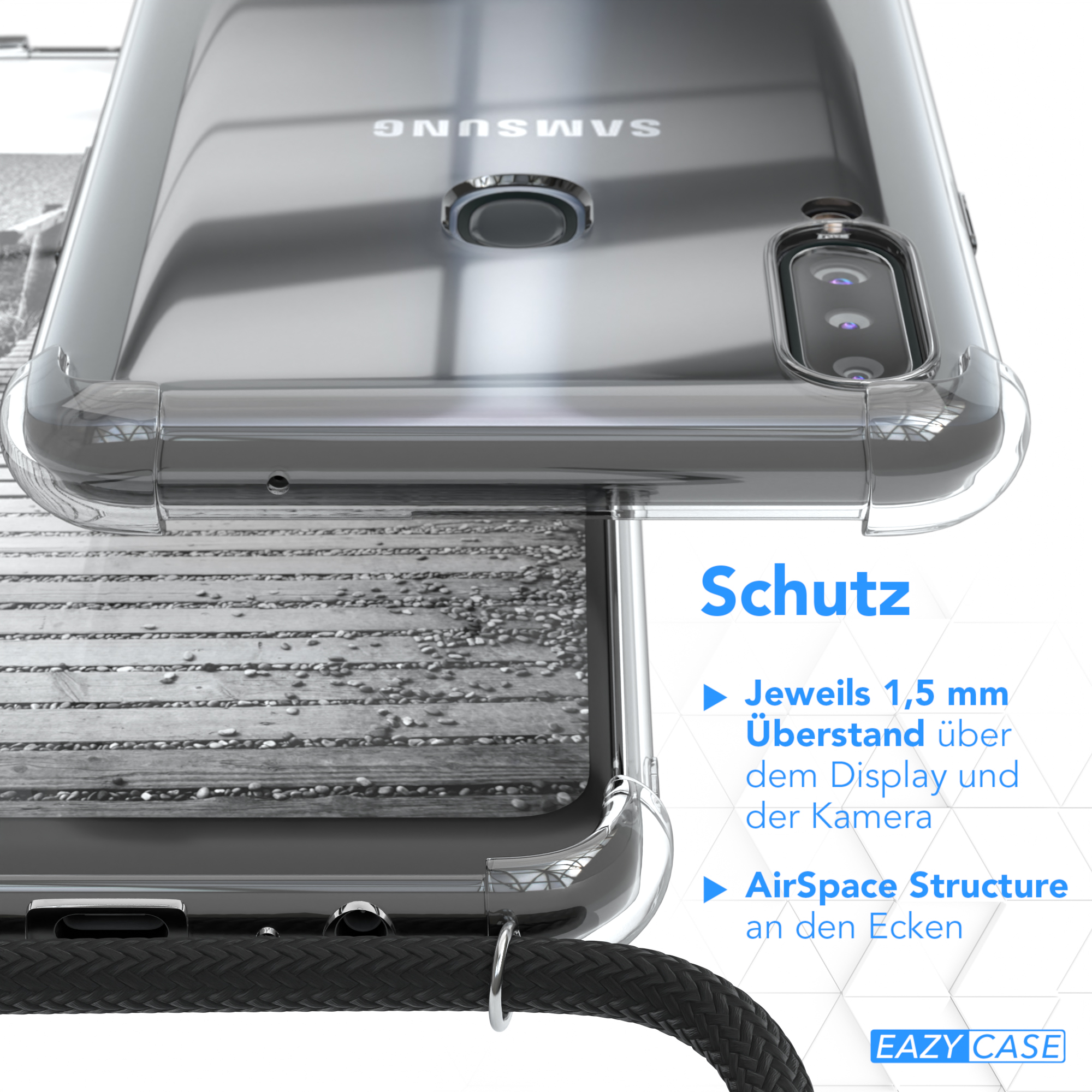 Handykette EAZY Schwarz, extra CASE Umhängetasche, Silber + Kordel Samsung, A20s, Metall Galaxy