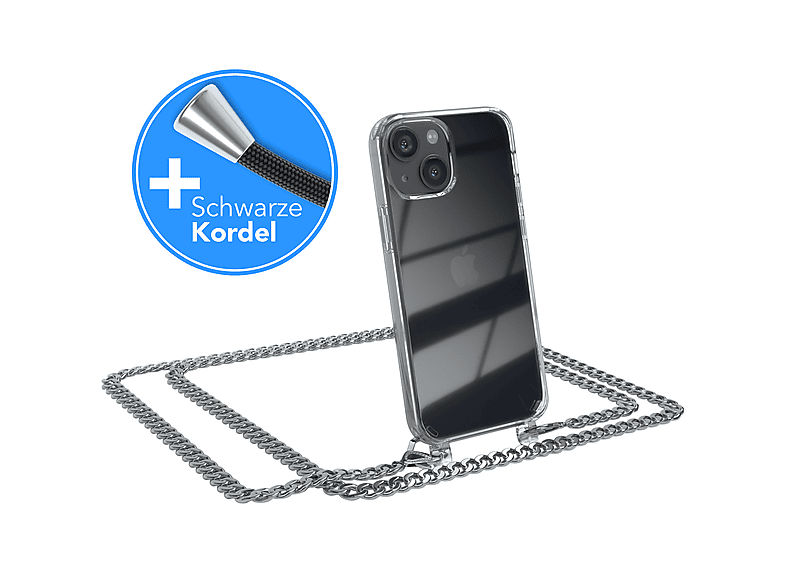 EAZY CASE Mini, Handykette + Silber Metall Kordel Umhängetasche, 13 Apple, extra iPhone Schwarz
