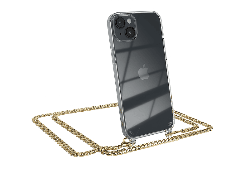 EAZY CASE Handykette Metall + Gold Schwarz, Umhängetasche, extra Kordel Apple, iPhone Plus, 14