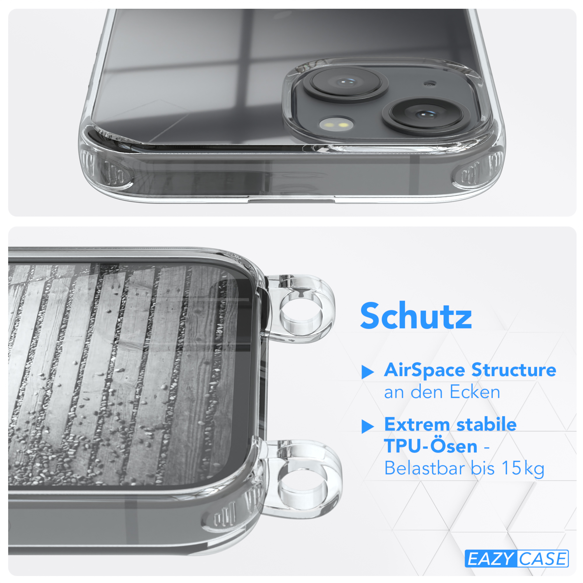 EAZY CASE Mini, Handykette + Silber Metall Kordel Umhängetasche, 13 Apple, extra iPhone Schwarz