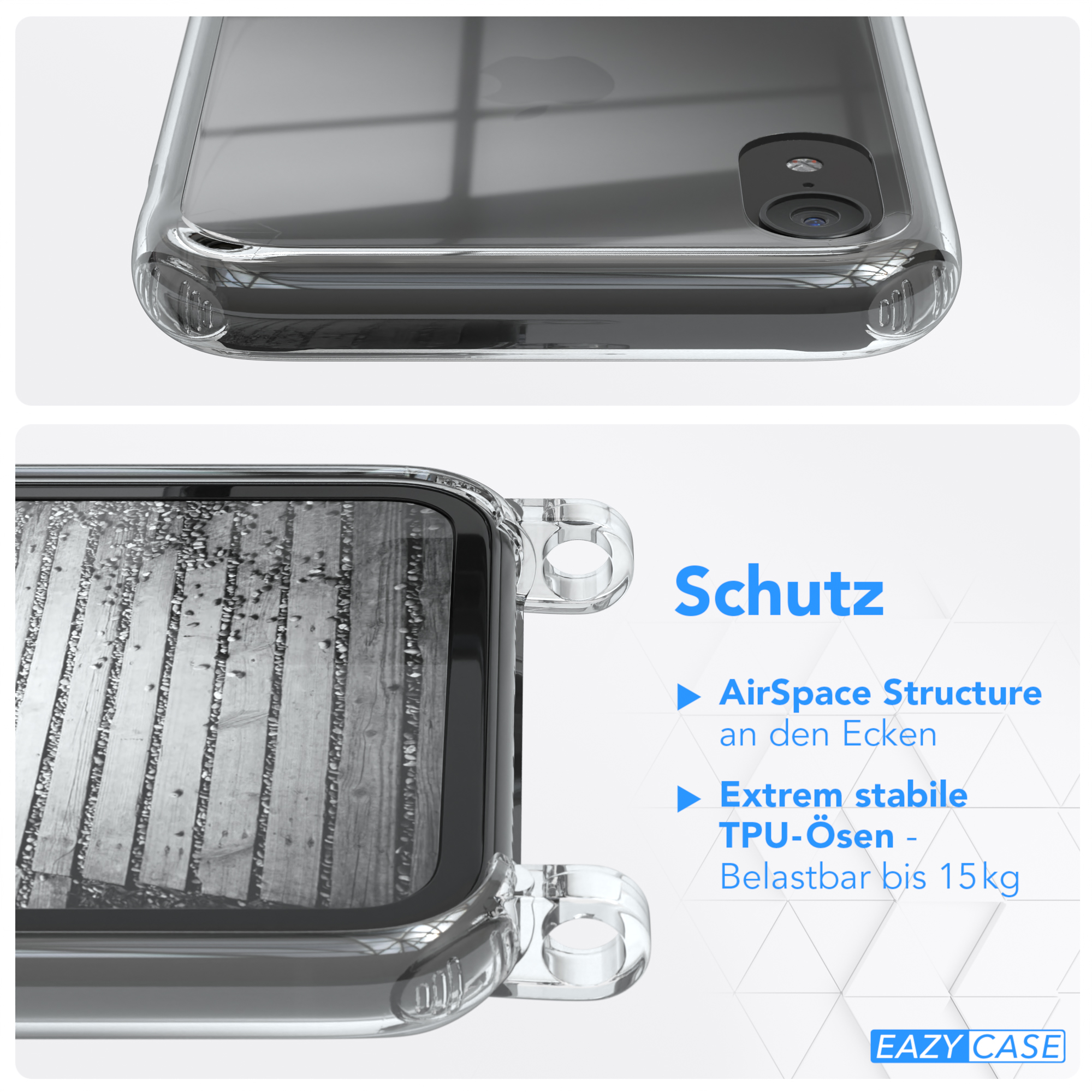Handykette Apple, Schwarz, + CASE extra iPhone Kordel EAZY Grau Metall XR, Umhängetasche, Anthrazit