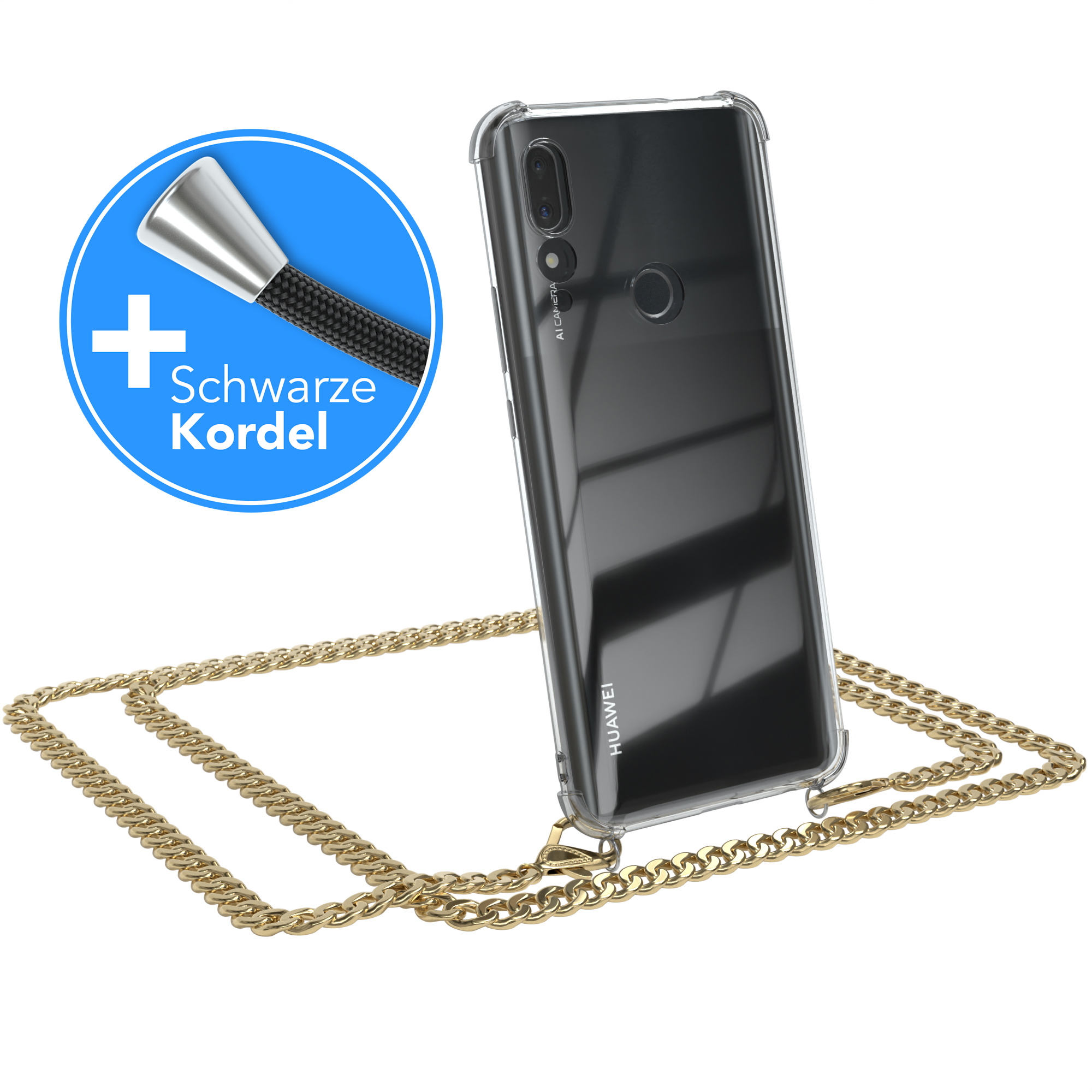 Huawei, Y9 Kordel P Z CASE Metall extra (2019), / Prime + Umhängetasche, Gold Schwarz, Smart Handykette EAZY