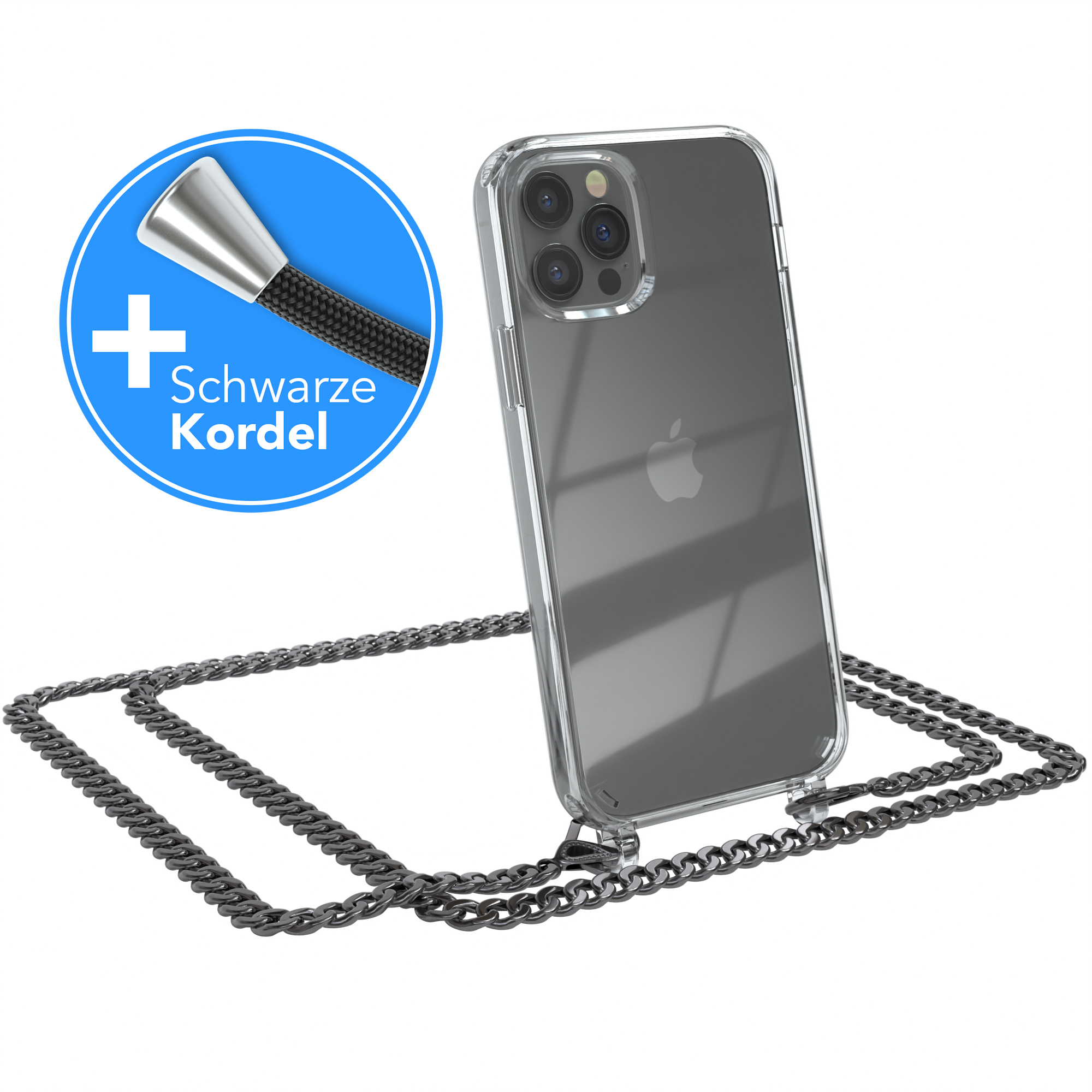EAZY CASE Handykette + iPhone Grau 12 Kordel Metall Anthrazit Apple, / Schwarz, Pro, extra 12 Umhängetasche