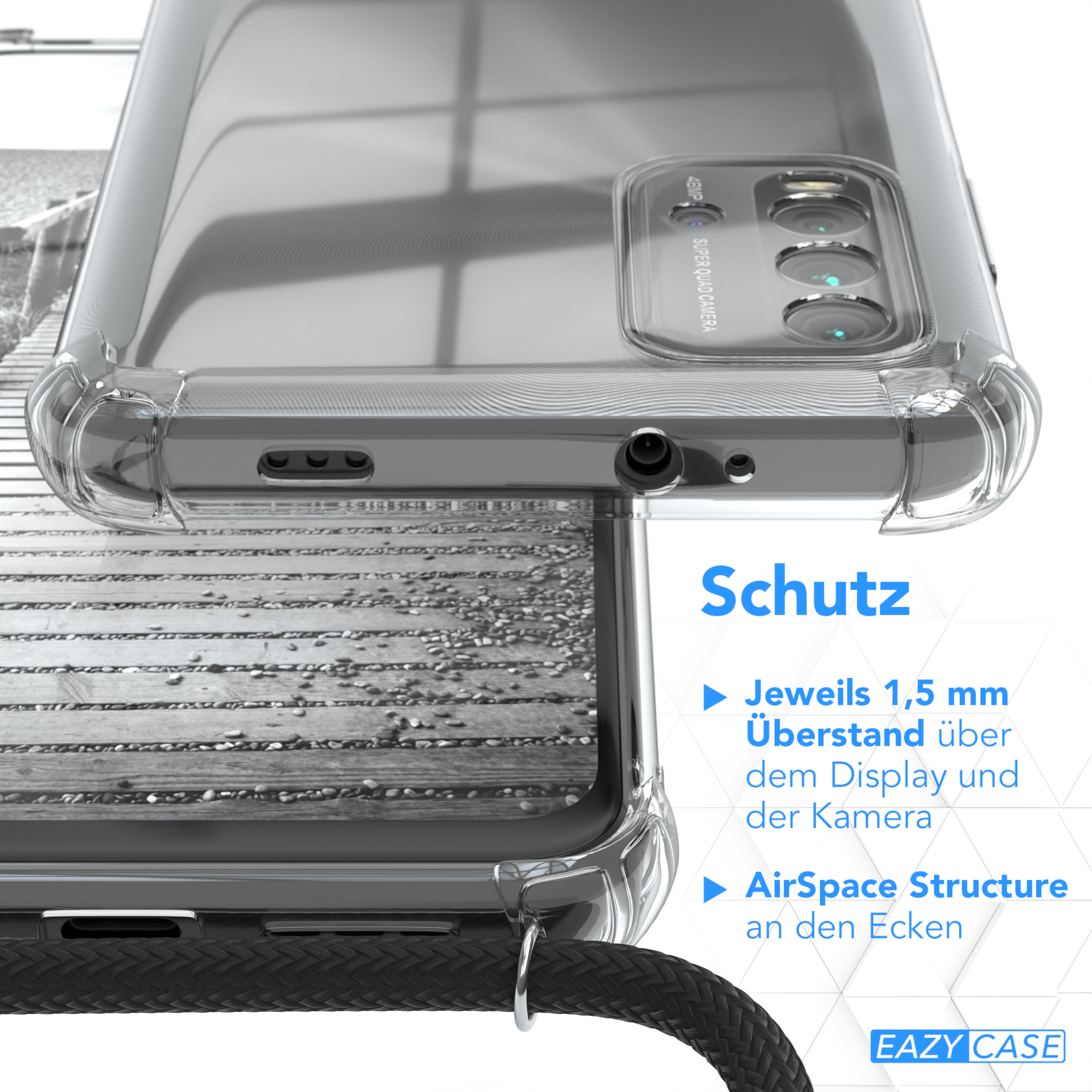 EAZY CASE Handykette Metall + extra 9T, Kordel Redmi Schwarz, Xiaomi, Silber Umhängetasche