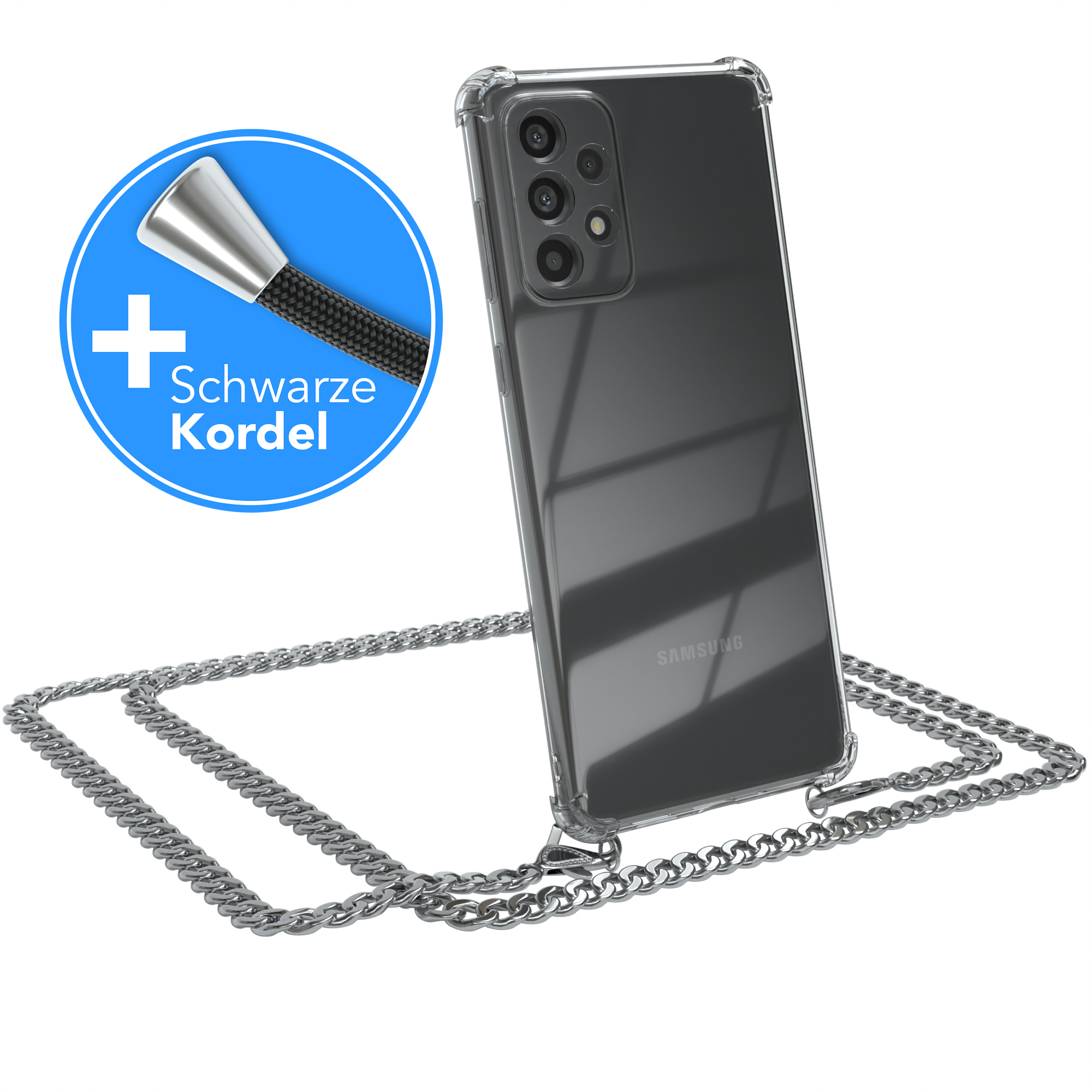 Samsung, Galaxy Kordel A73 EAZY Handykette + extra Schwarz, CASE 5G, Metall Silber Umhängetasche,