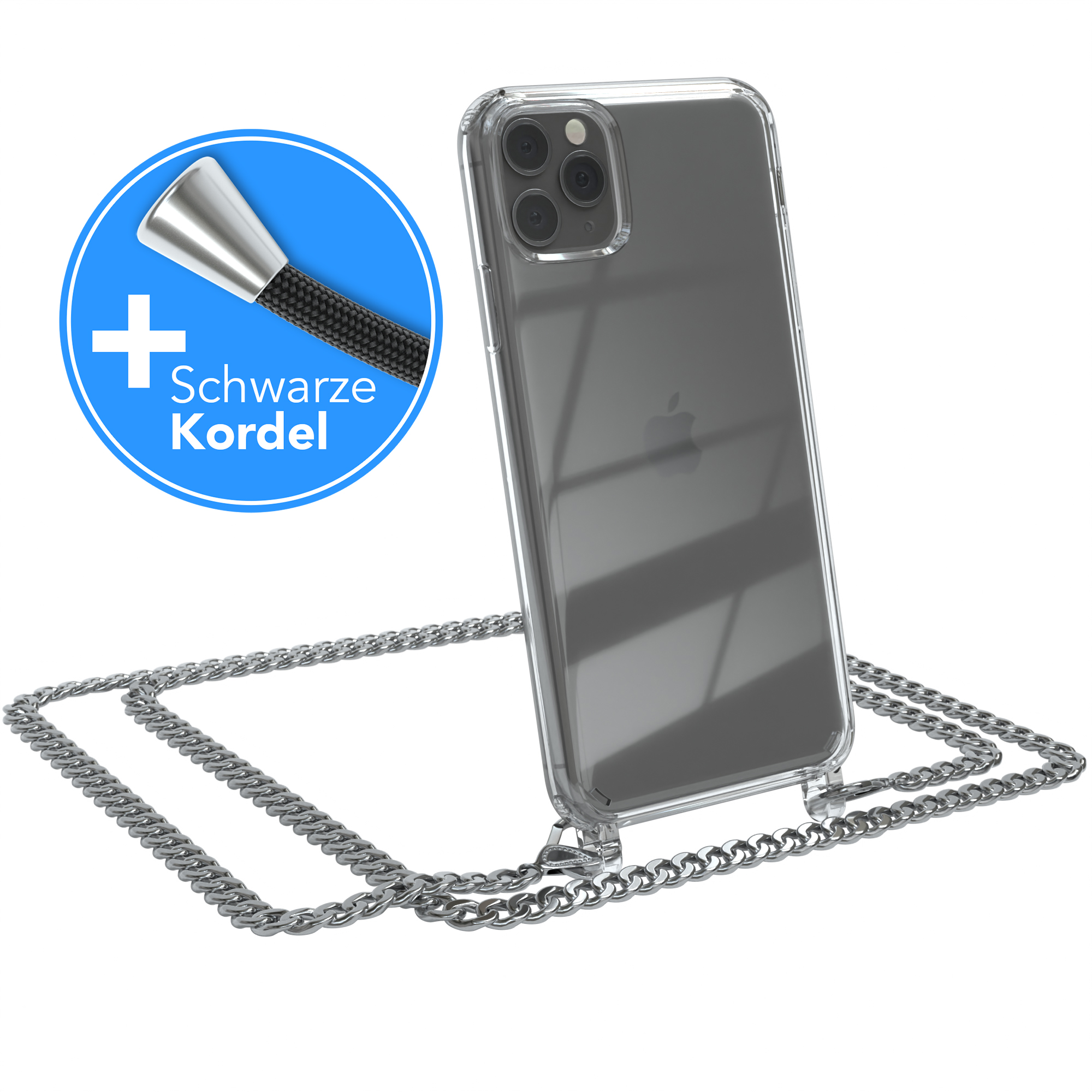 iPhone Metall Handykette extra Kordel 11 Silber + Umhängetasche, Max, Schwarz, CASE EAZY Apple, Pro