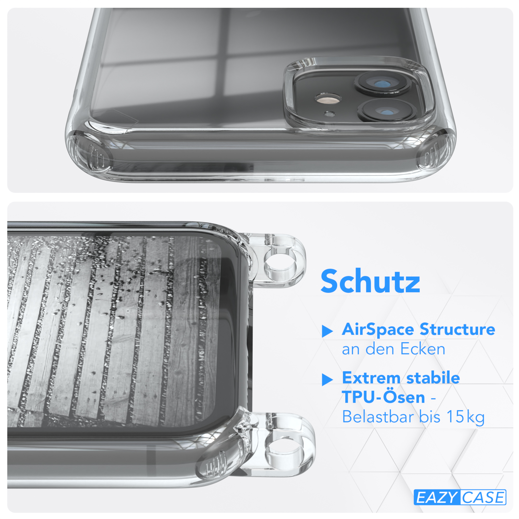 EAZY Handykette Umhängetasche, CASE Silber Kordel 11, extra Metall Apple, iPhone Schwarz, +