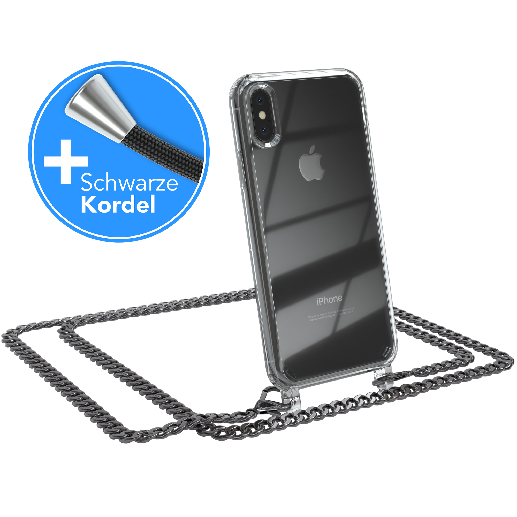 EAZY CASE Handykette Metall + Max, Umhängetasche, Anthrazit Schwarz, extra Apple, Grau Kordel iPhone XS