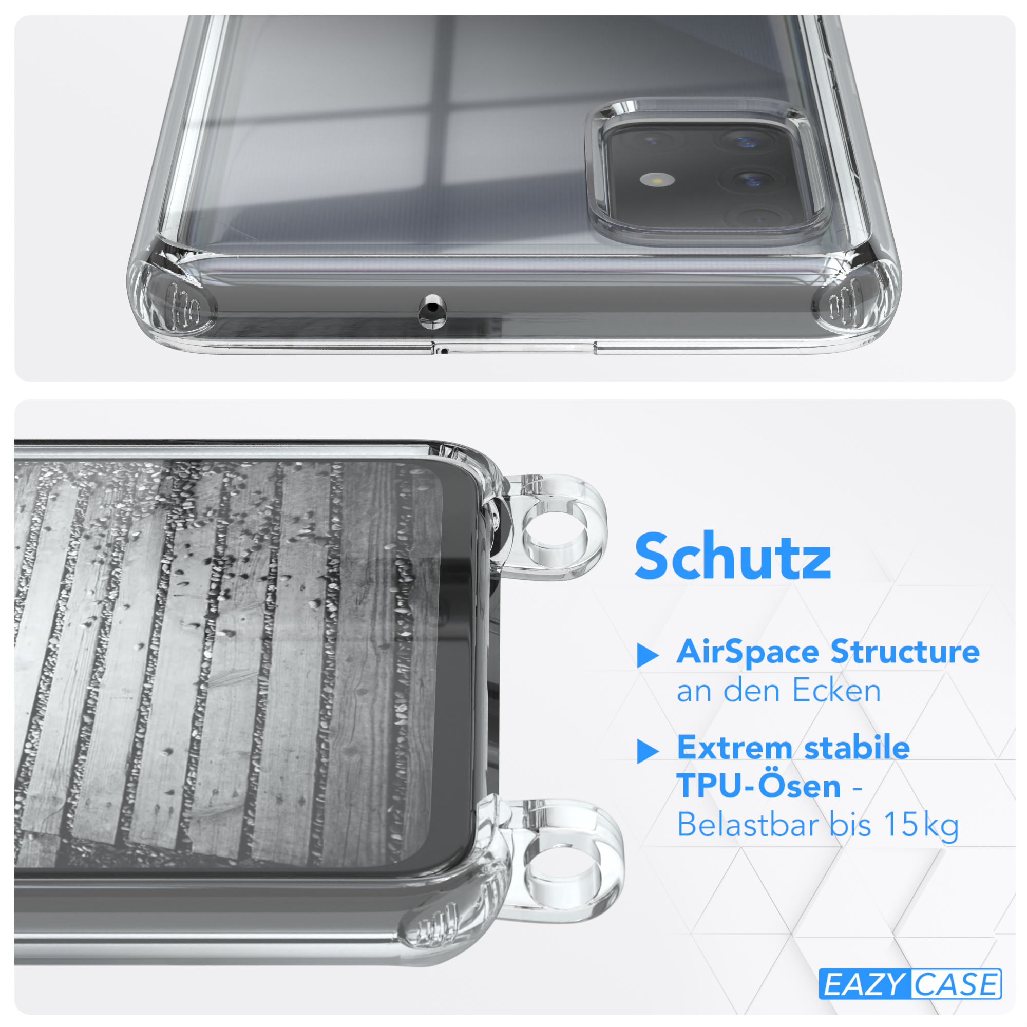 EAZY CASE Handykette Metall + Schwarz, Rose Kordel Galaxy A51, extra Umhängetasche, Samsung