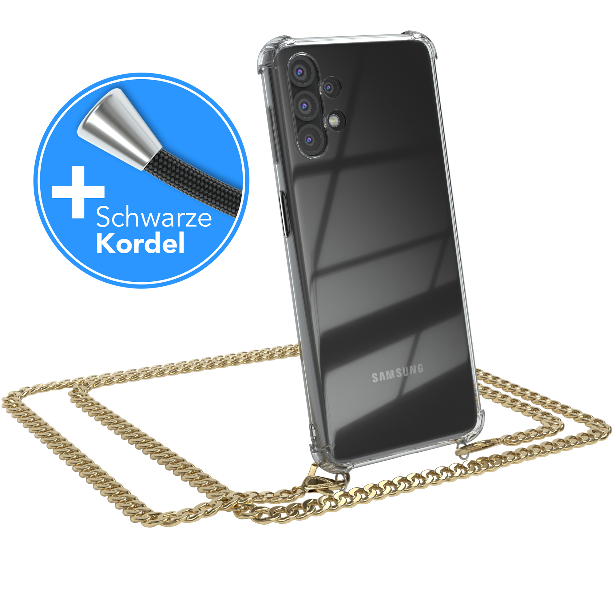 Galaxy 5G, Schwarz, Kordel Handykette + CASE Samsung, EAZY Umhängetasche, A32 Gold extra Metall