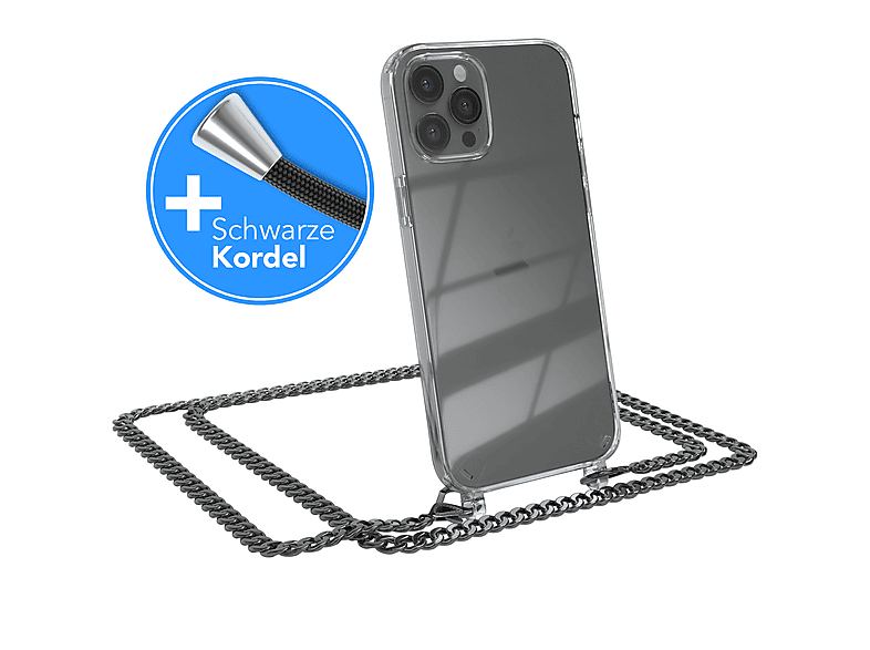 EAZY CASE Metall Kordel Grau iPhone 12 Schwarz, extra Handykette Apple, Pro Max, + Umhängetasche, Anthrazit
