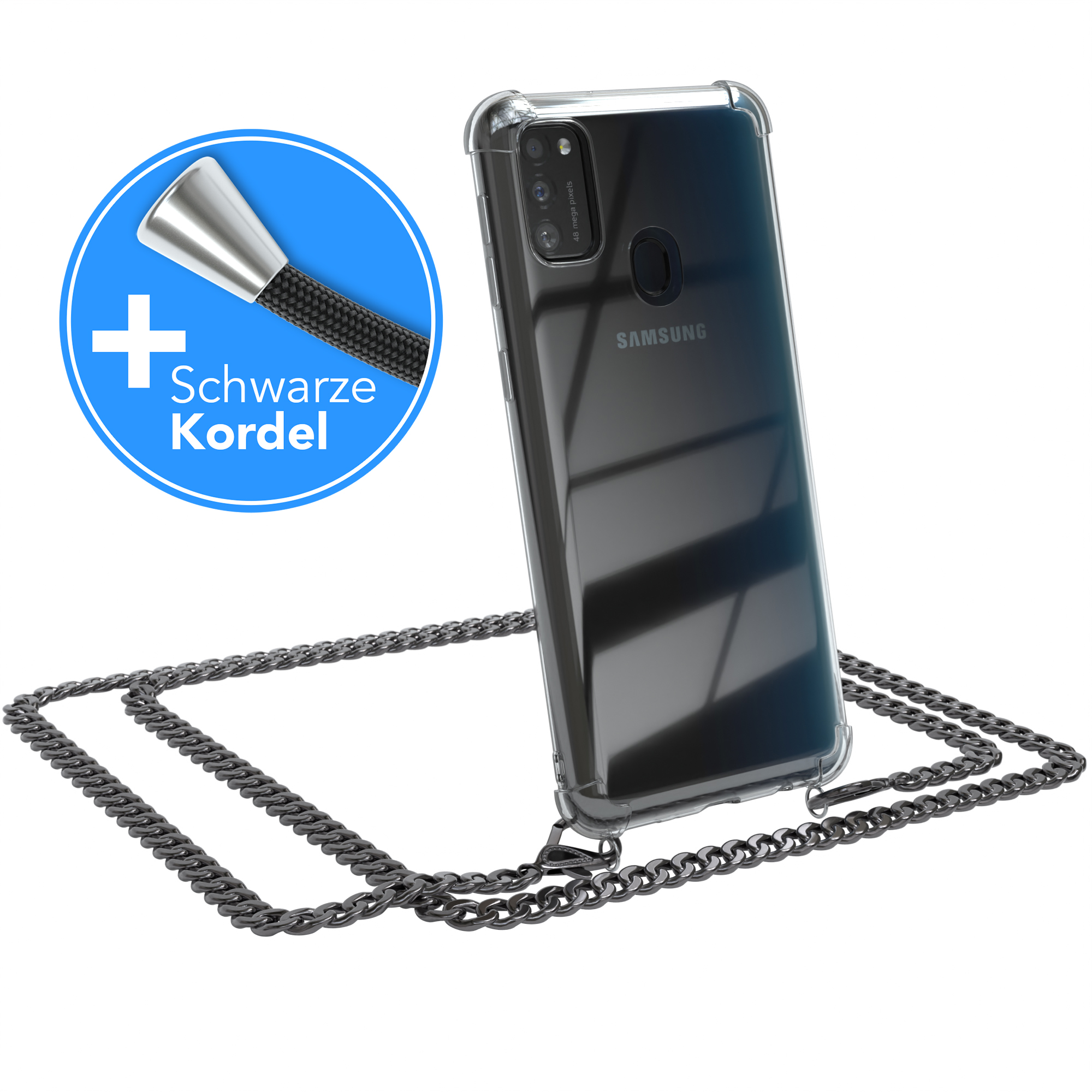 Samsung, Anthrazit CASE Metall extra EAZY Schwarz, M21, Handykette Kordel Grau Umhängetasche, Galaxy / + M30s