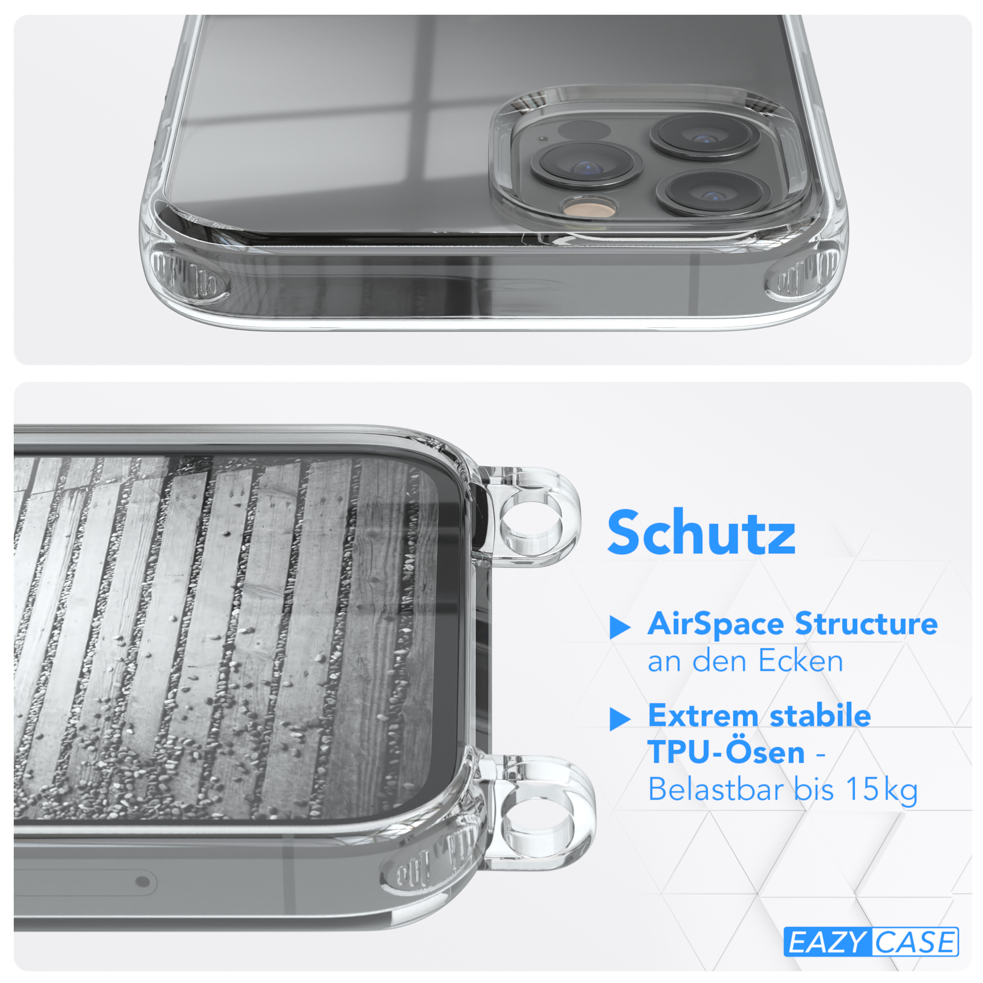 EAZY CASE Handykette Metall 12 12 + Umhängetasche, Apple, iPhone Kordel Rose extra / Schwarz, Pro