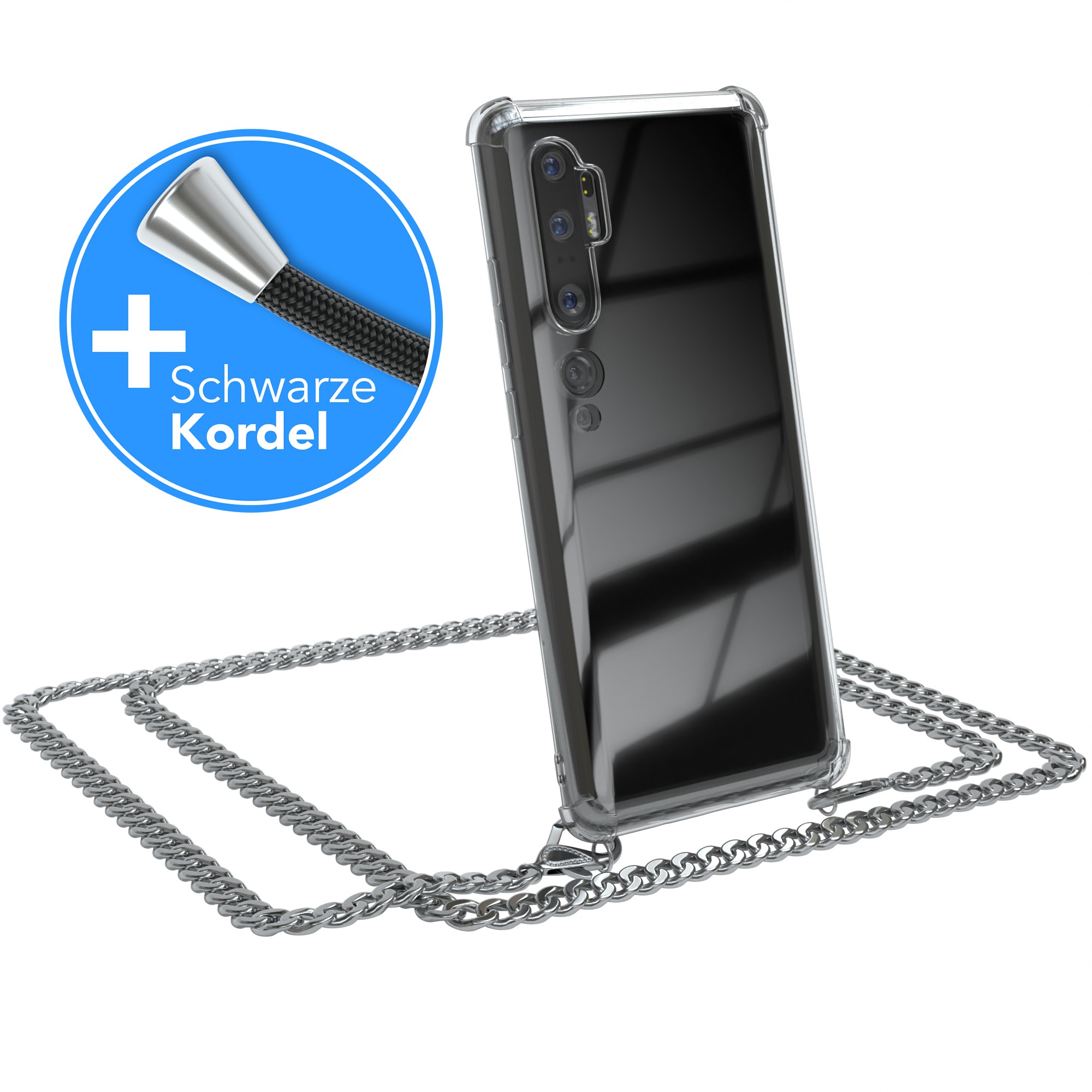 EAZY CASE Schwarz, 10 Xiaomi, Mi + Note Note Kordel / Pro, Mi Metall Handykette Silber extra 10 Umhängetasche