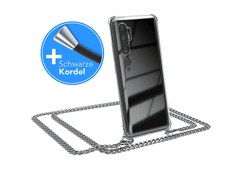 EAZY CASE Handykette Metall + extra Kordel Schwarz, Umhängetasche, Xiaomi, Mi Note 10 / Mi Note 10 Pro, Silber