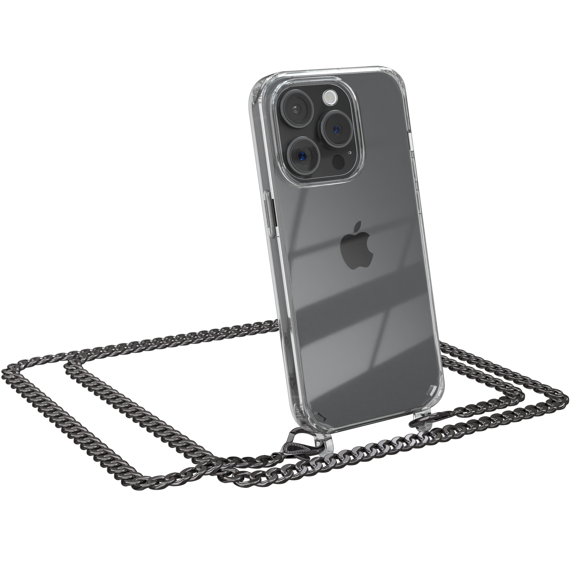 iPhone Umhängetasche, Metall Handykette Apple, extra Grau Pro, 15 CASE Kordel Schwarz, + Anthrazit EAZY