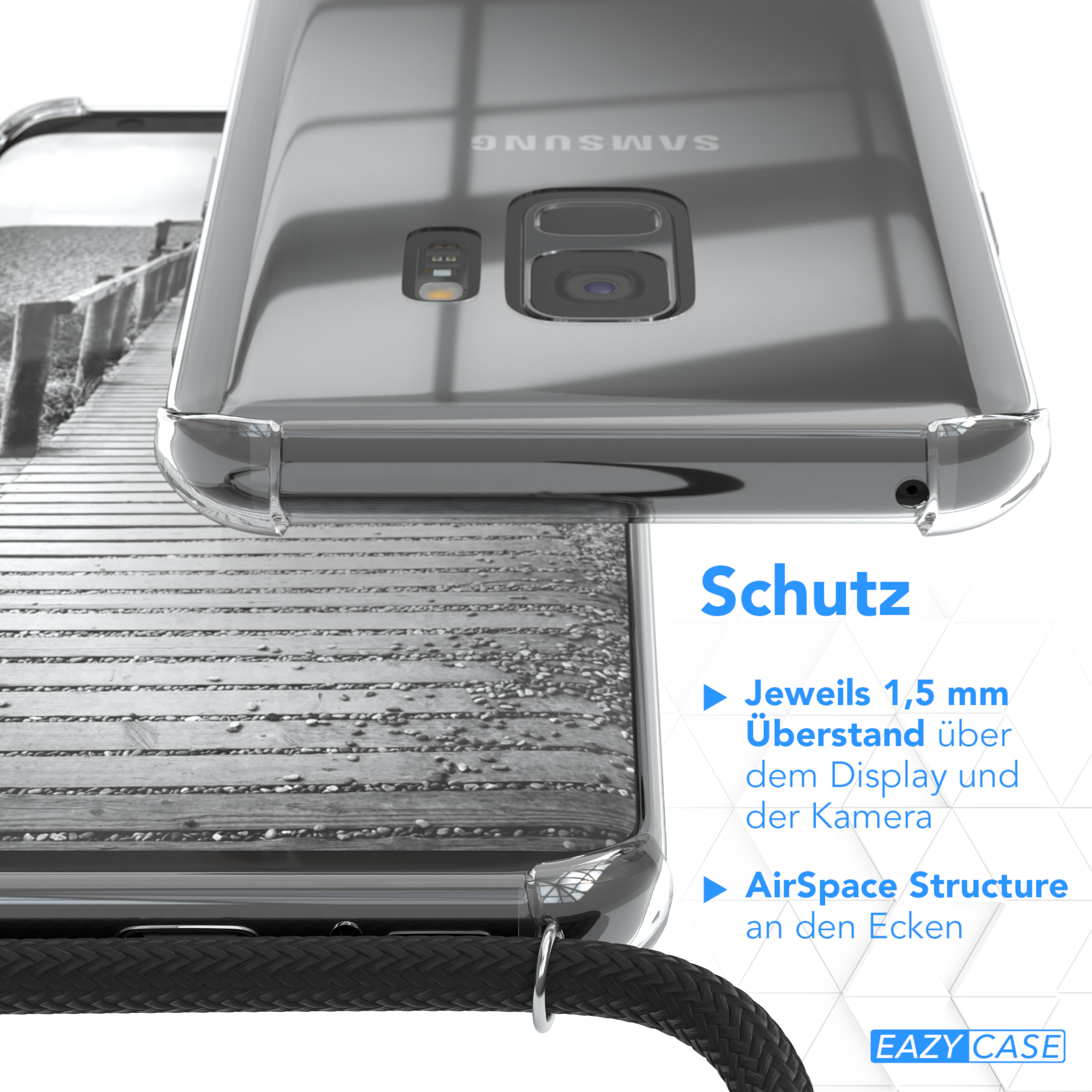 EAZY CASE Handykette Metall + S9, Galaxy Kordel Gold Schwarz, extra Umhängetasche, Samsung