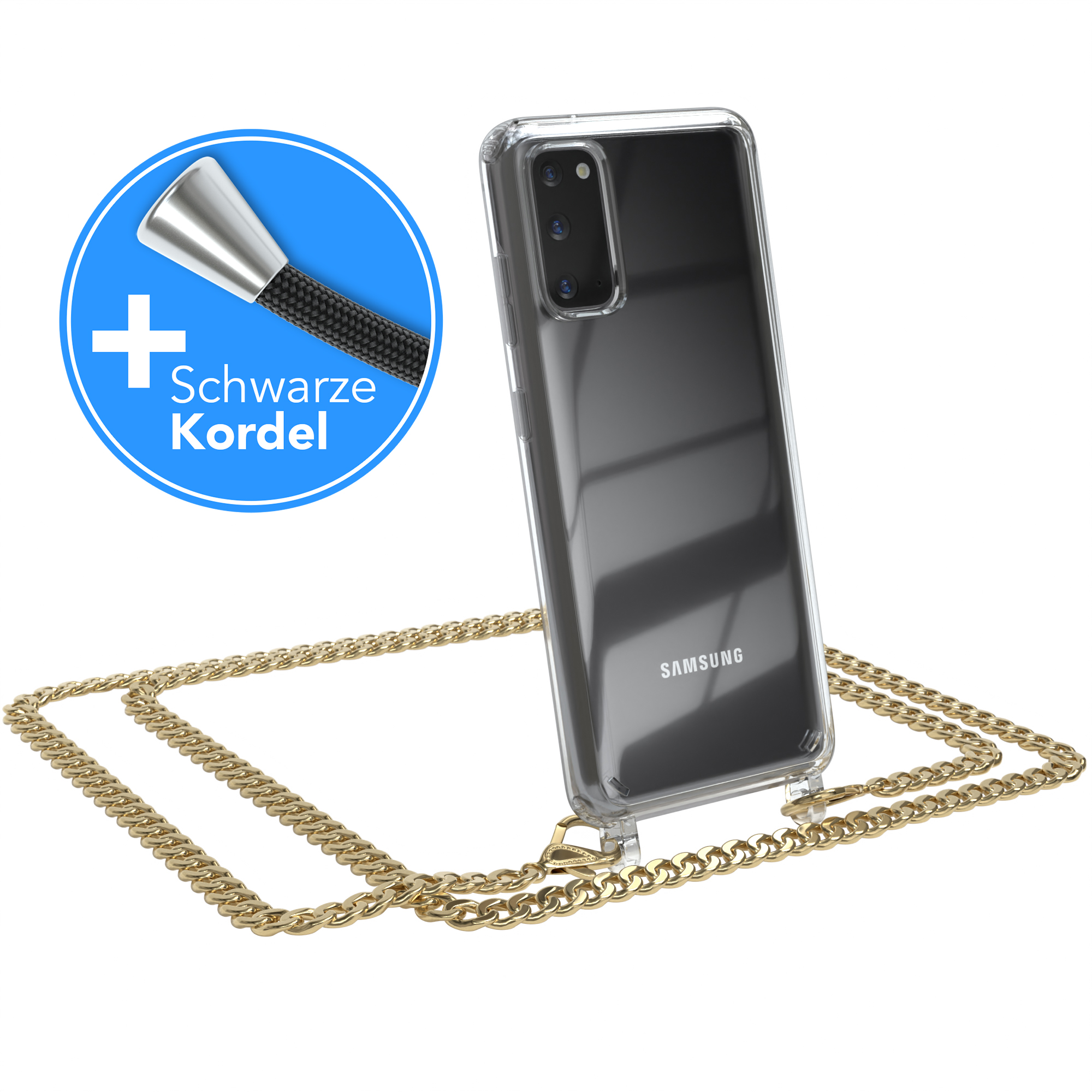 EAZY CASE Kordel Samsung, extra + Metall Schwarz, Handykette S20, Gold Umhängetasche, Galaxy