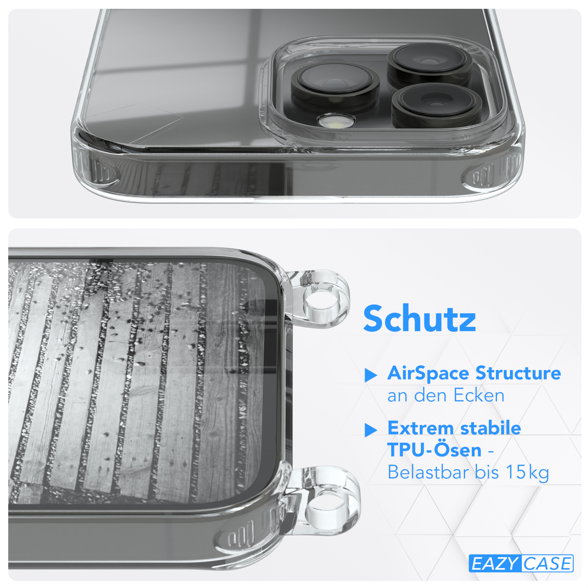 EAZY CASE Handykette Metall + extra Kordel Max, Pro Schwarz, iPhone Umhängetasche, Apple, 14 Gold
