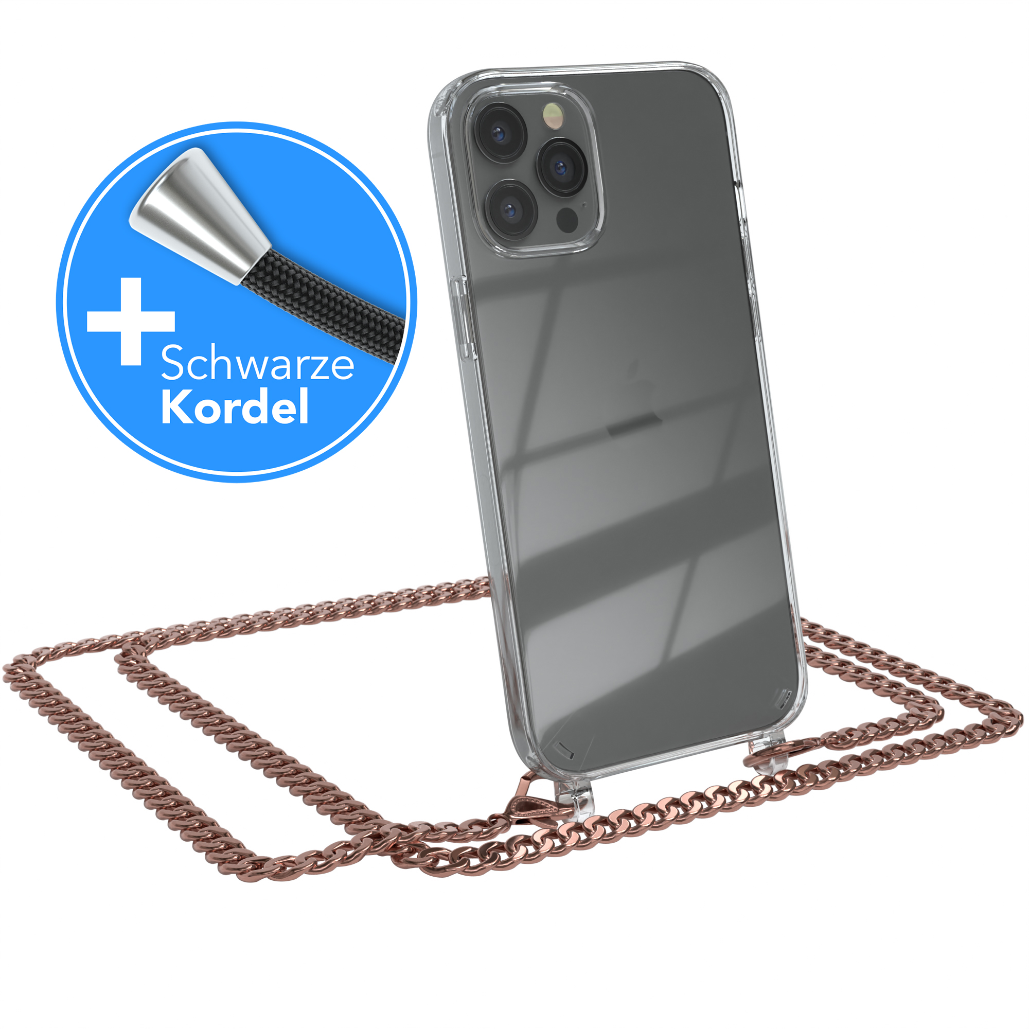 EAZY CASE extra Kordel Rose 12 + Pro iPhone Handykette Schwarz, Umhängetasche, Metall Apple, Max