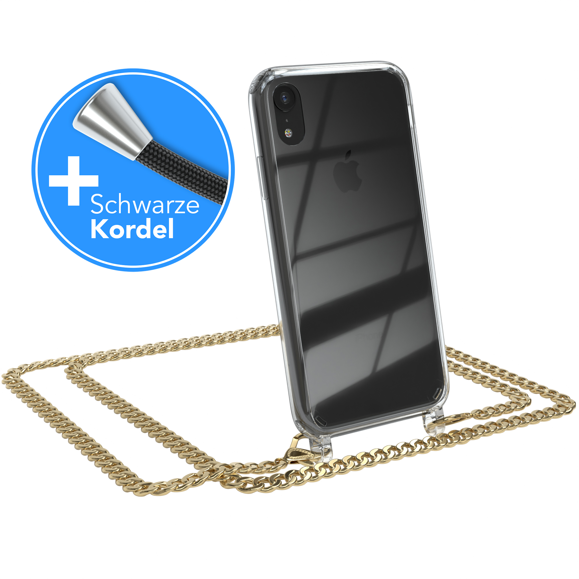 Gold + extra Umhängetasche, EAZY Metall Schwarz, iPhone Handykette Kordel XR, Apple, CASE