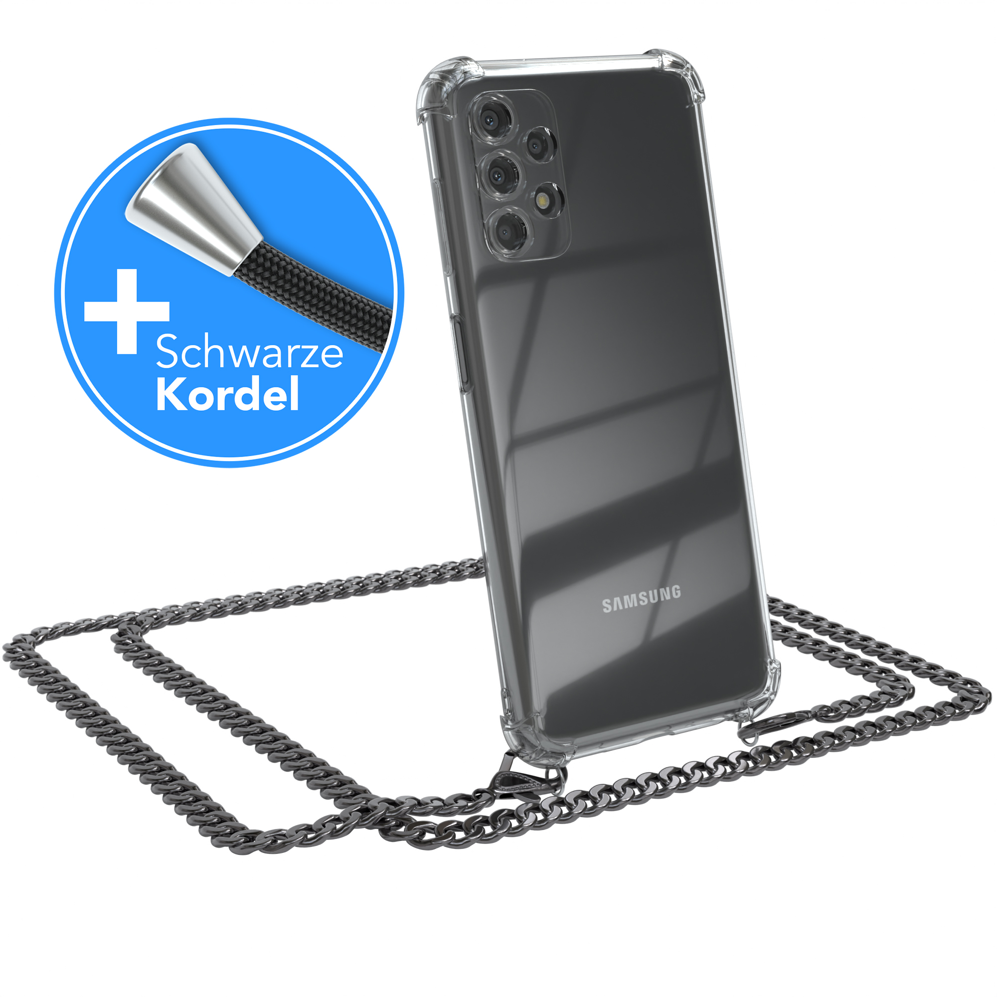 Galaxy Samsung, + A13, Kordel Metall Anthrazit Grau CASE extra Umhängetasche, EAZY Schwarz, Handykette