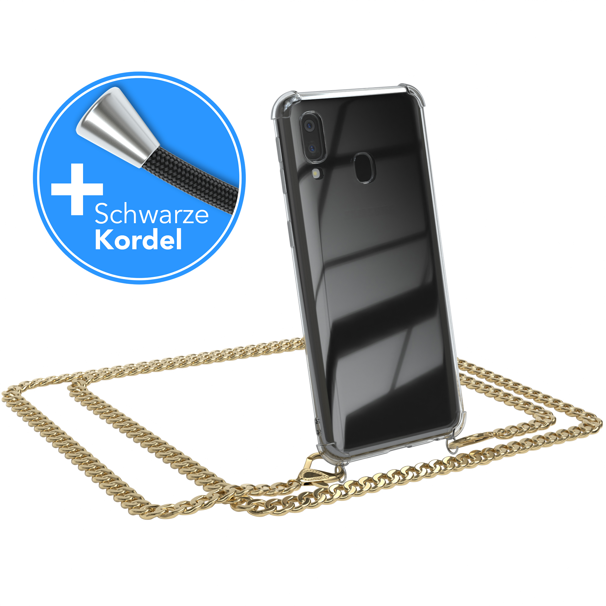 Samsung, Metall CASE Handykette A40, EAZY extra Galaxy + Gold Schwarz, Umhängetasche, Kordel