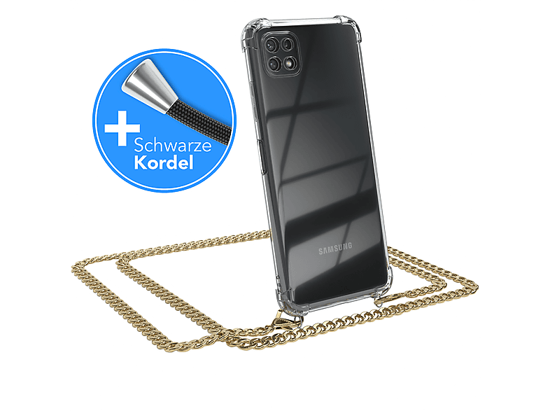 EAZY CASE Gold + Metall A22 extra Schwarz, 5G, Kordel Umhängetasche, Handykette Galaxy Samsung,