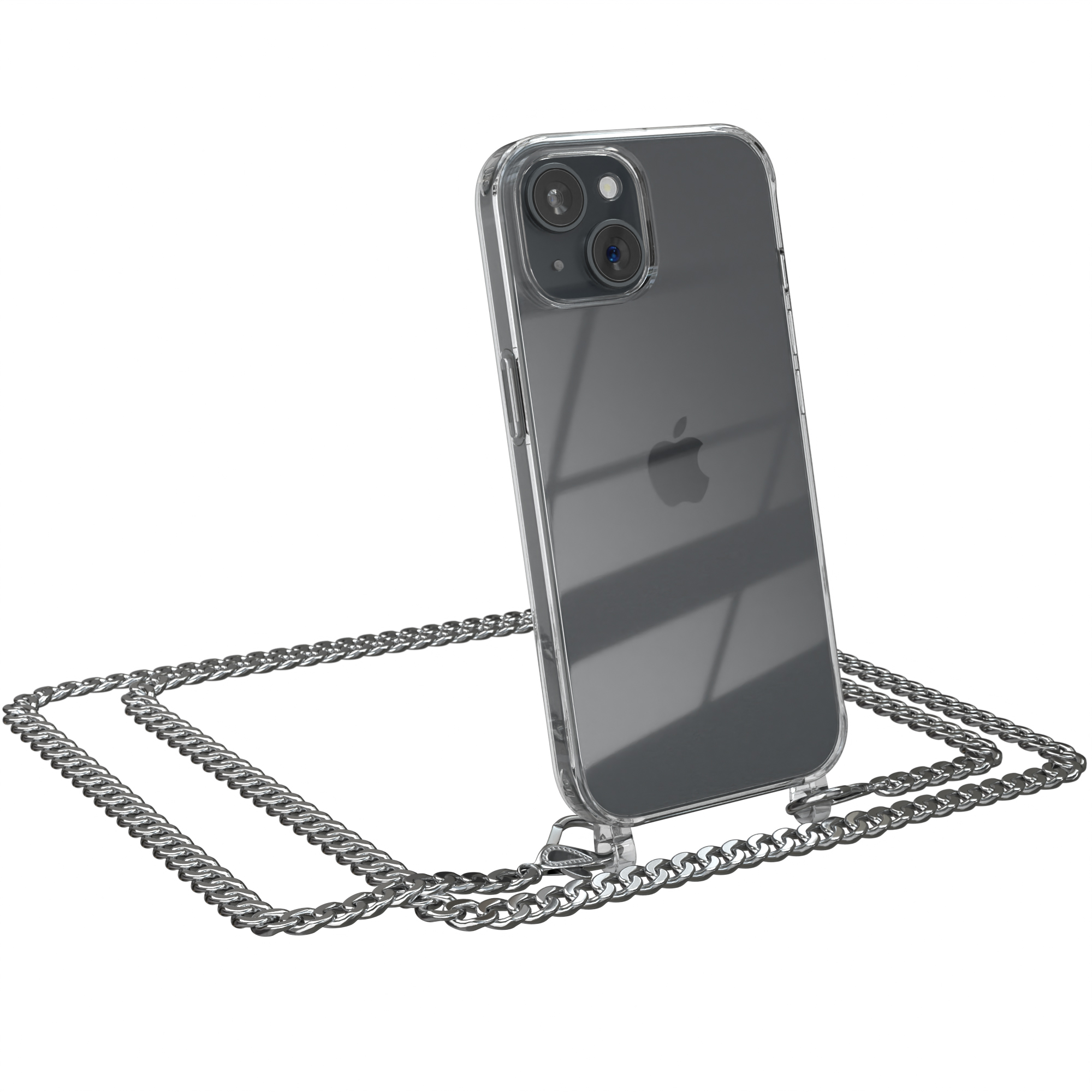 Umhängetasche, Silber extra Schwarz, EAZY iPhone 15, Kordel CASE Handykette Metall Apple, +