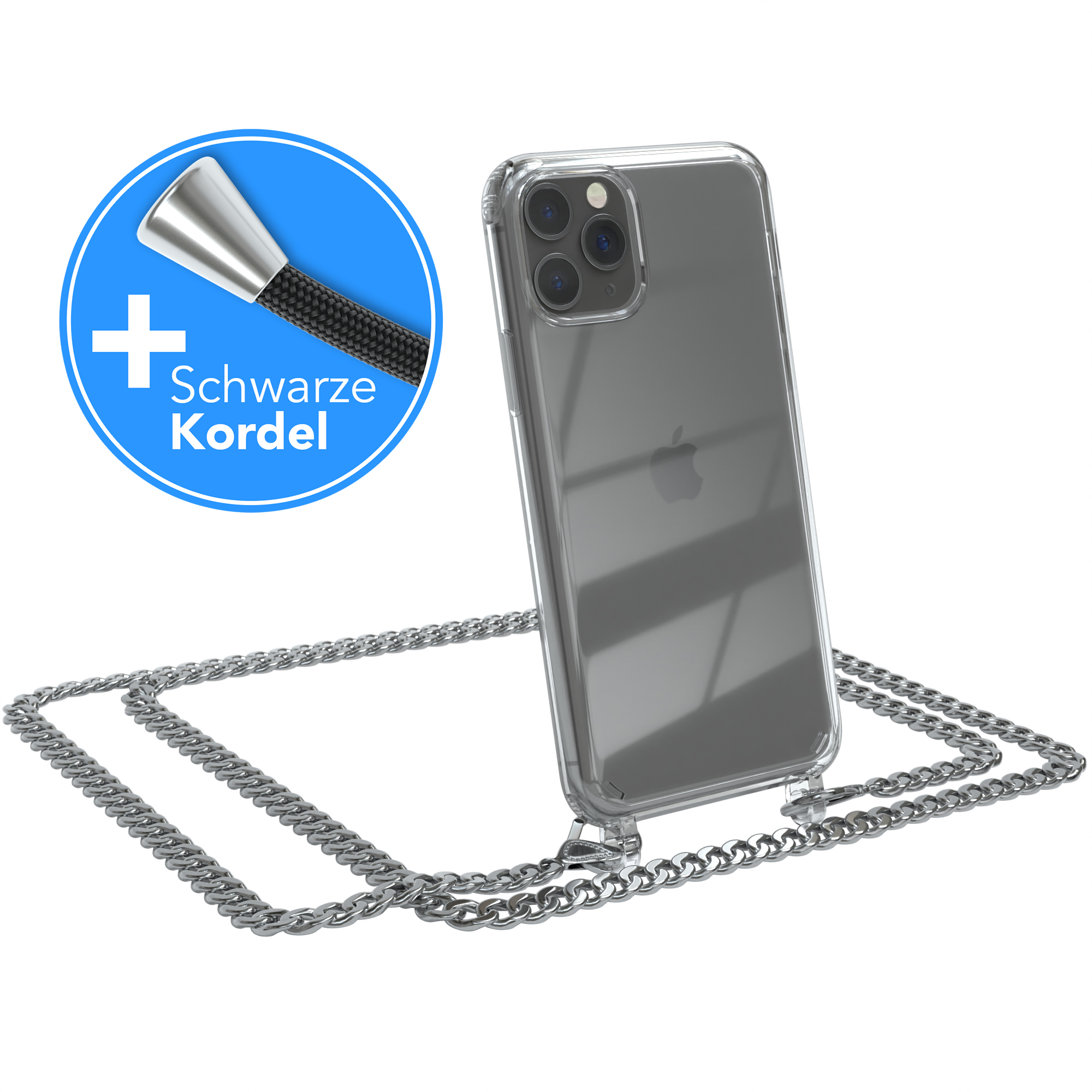 Apple, 11 + Metall Kordel Handykette Schwarz, CASE Silber iPhone Pro, extra EAZY Umhängetasche,