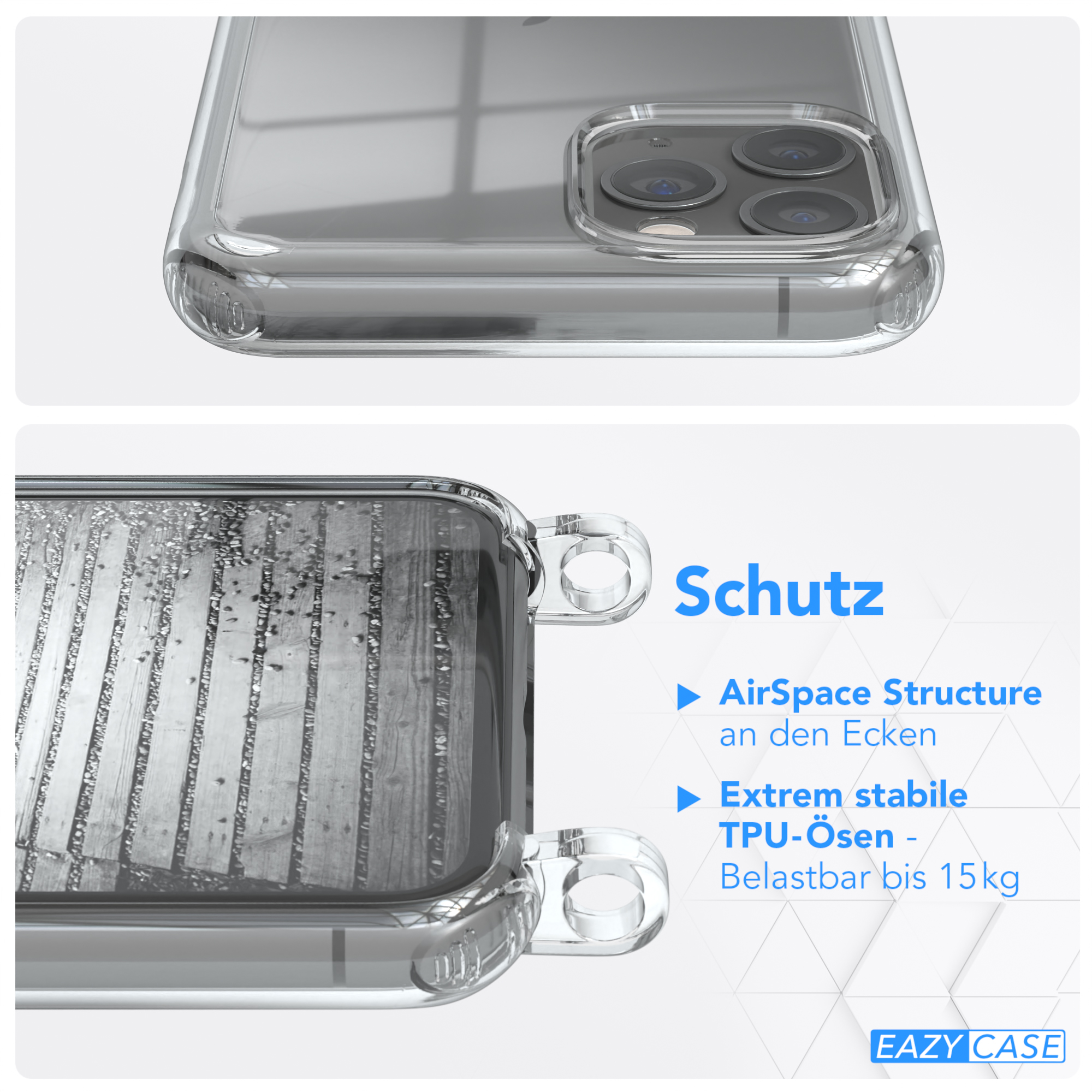 EAZY CASE Handykette Metall + Kordel Schwarz, 11 extra iPhone Apple, Silber Pro, Umhängetasche