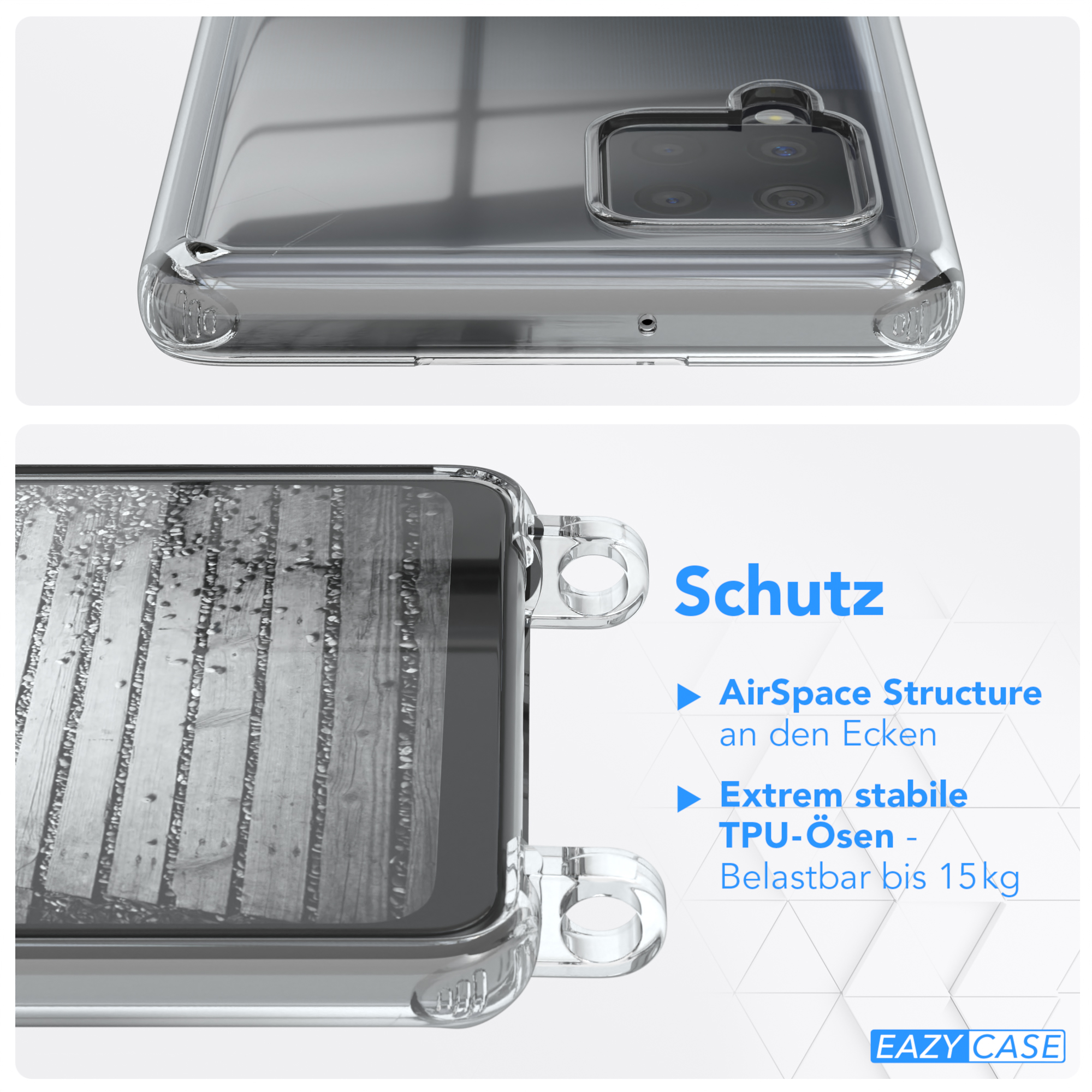 EAZY CASE Umhängetasche, 5G, Kordel Grau Anthrazit Samsung, Metall Galaxy Handykette A42 extra + Schwarz