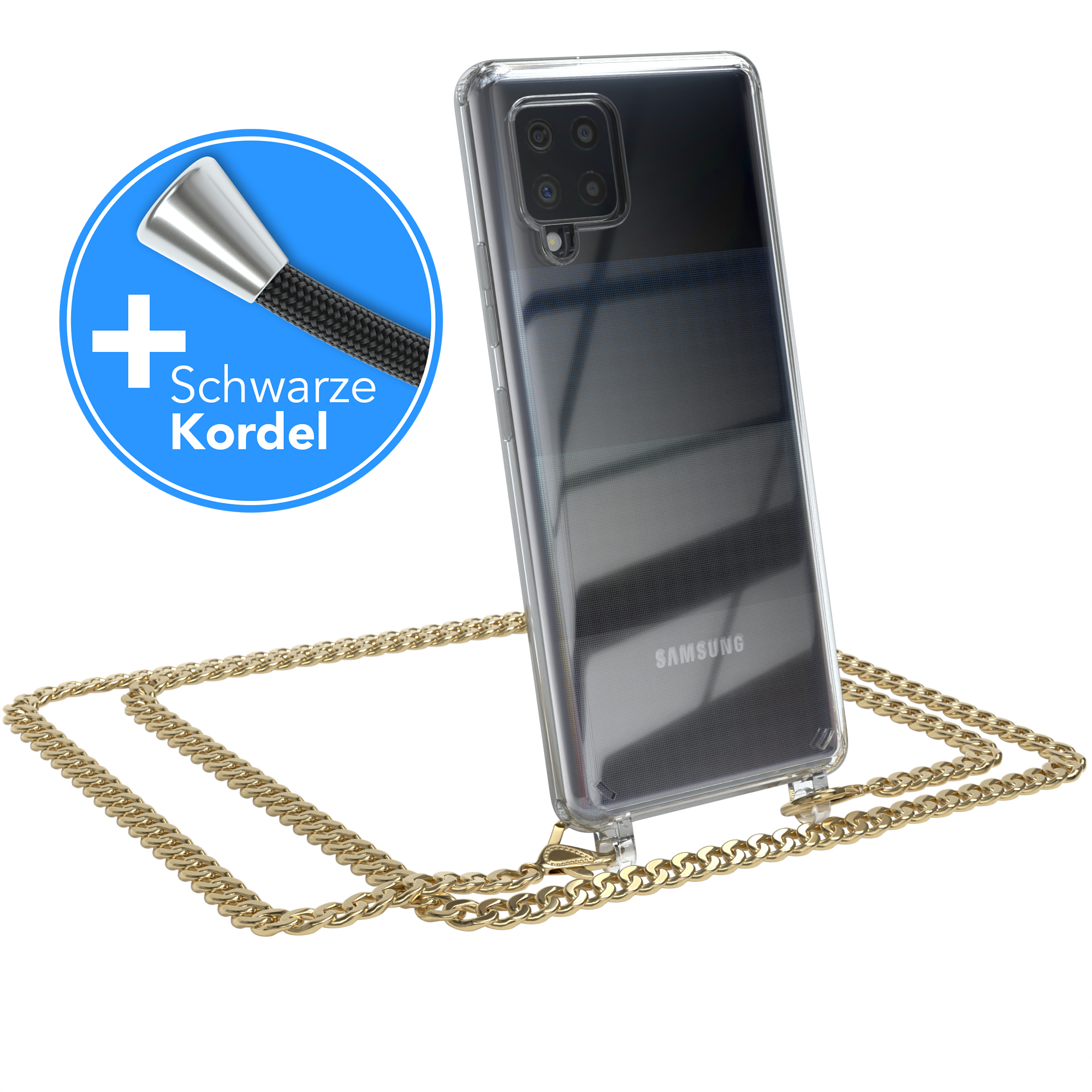 EAZY CASE Handykette Metall + Galaxy Samsung, Gold Kordel 5G, extra Umhängetasche, Schwarz, A42