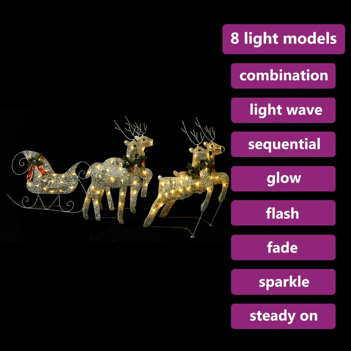 Weihnachtsdeko mit Rentieren und Lichtern. Textlabels mit verschiedenen Lichtmodellen: Kombination, Blitz usw.