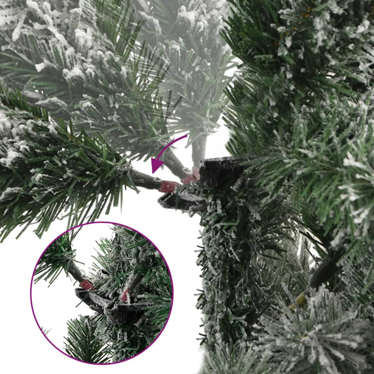 Nahaufnahme eines Weihnachtsbaumzweigs mit Schneeeffekt, vergrößertes Detail und roter Pfeil.