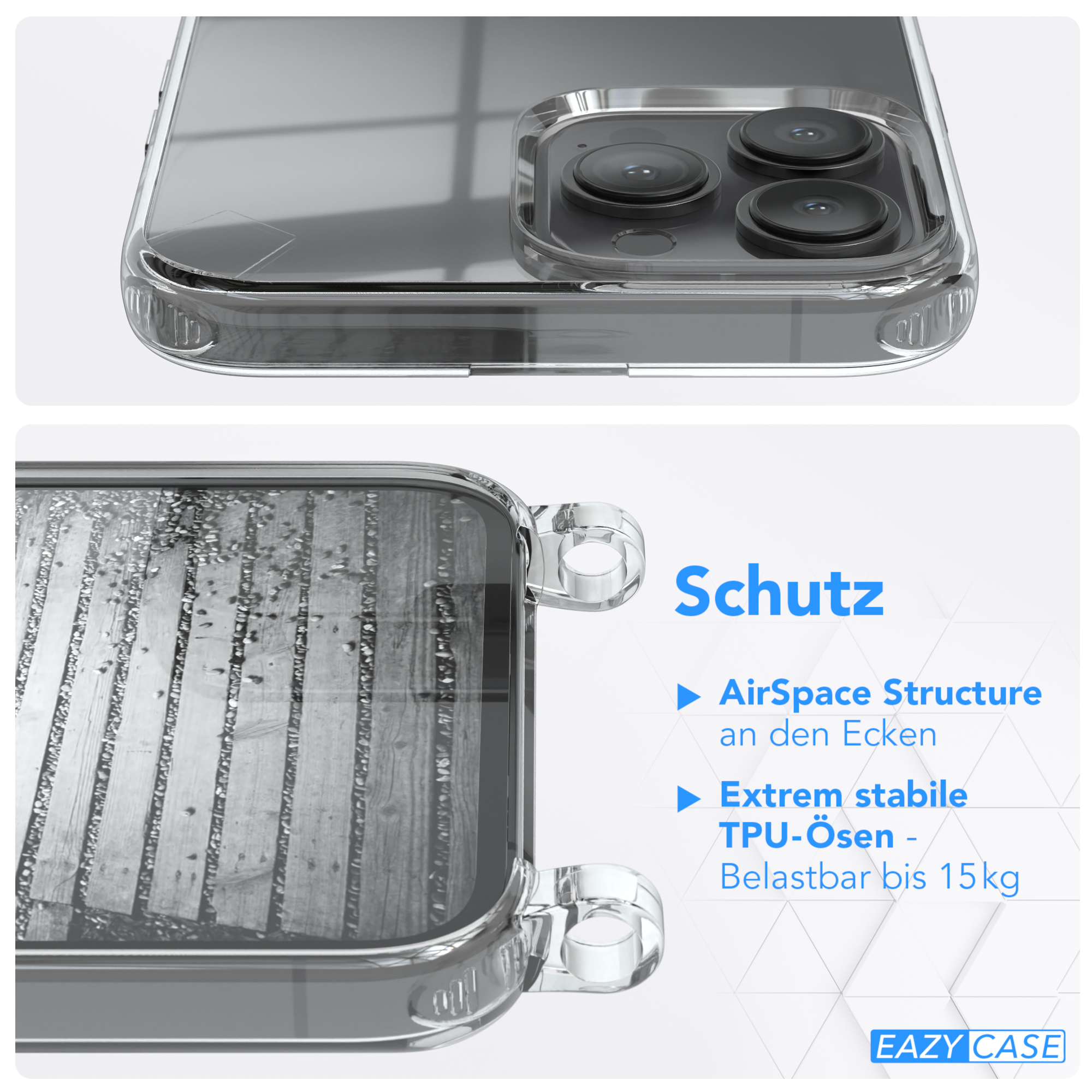 Umhängetasche, 13 EAZY Metall + Kordel Anthrazit Schwarz, iPhone extra Apple, Handykette Pro CASE Grau Max,
