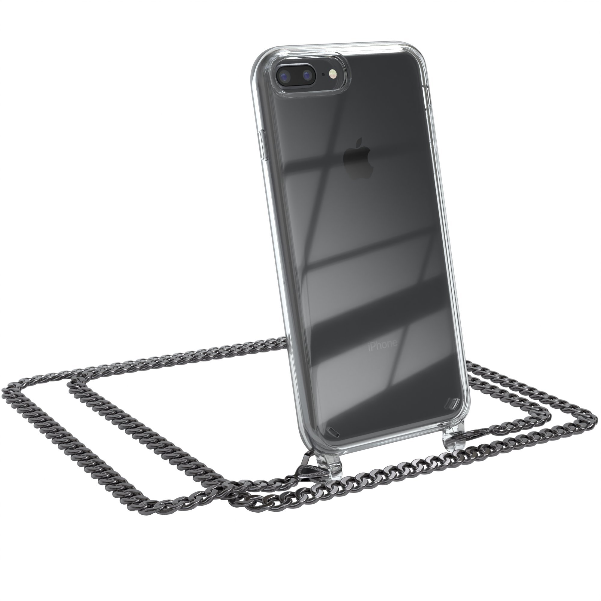 EAZY CASE Plus, 8 7 Metall Handykette Grau + Umhängetasche, Apple, Anthrazit Schwarz, extra Plus iPhone Kordel 
