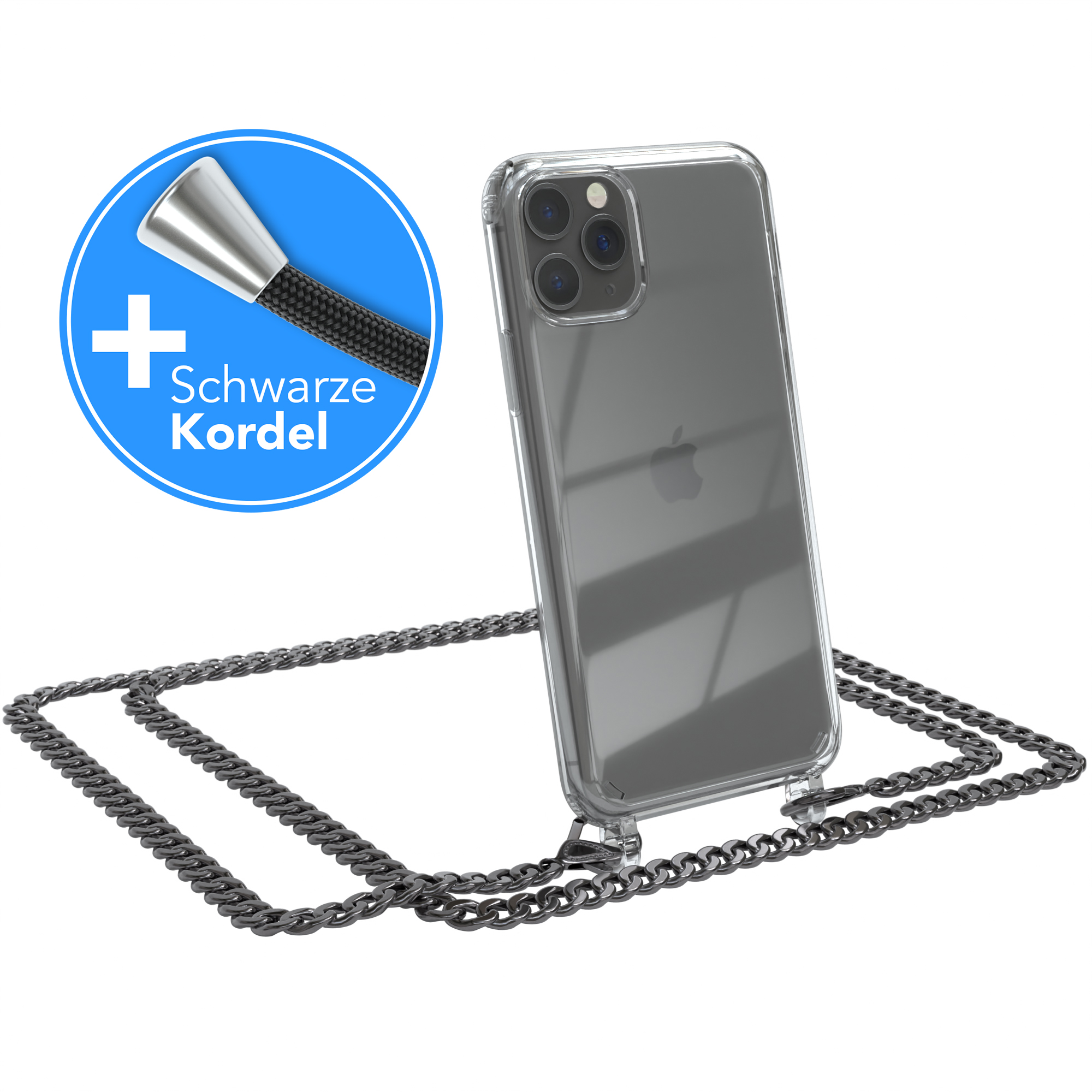 iPhone CASE + extra Grau Kordel Apple, EAZY Metall Anthrazit Umhängetasche, Pro, 11 Handykette Schwarz,