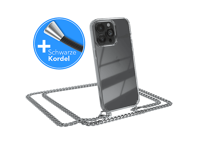 EAZY CASE iPhone Silber Schwarz, extra Handykette + Umhängetasche, 13 Pro, Kordel Apple, Metall