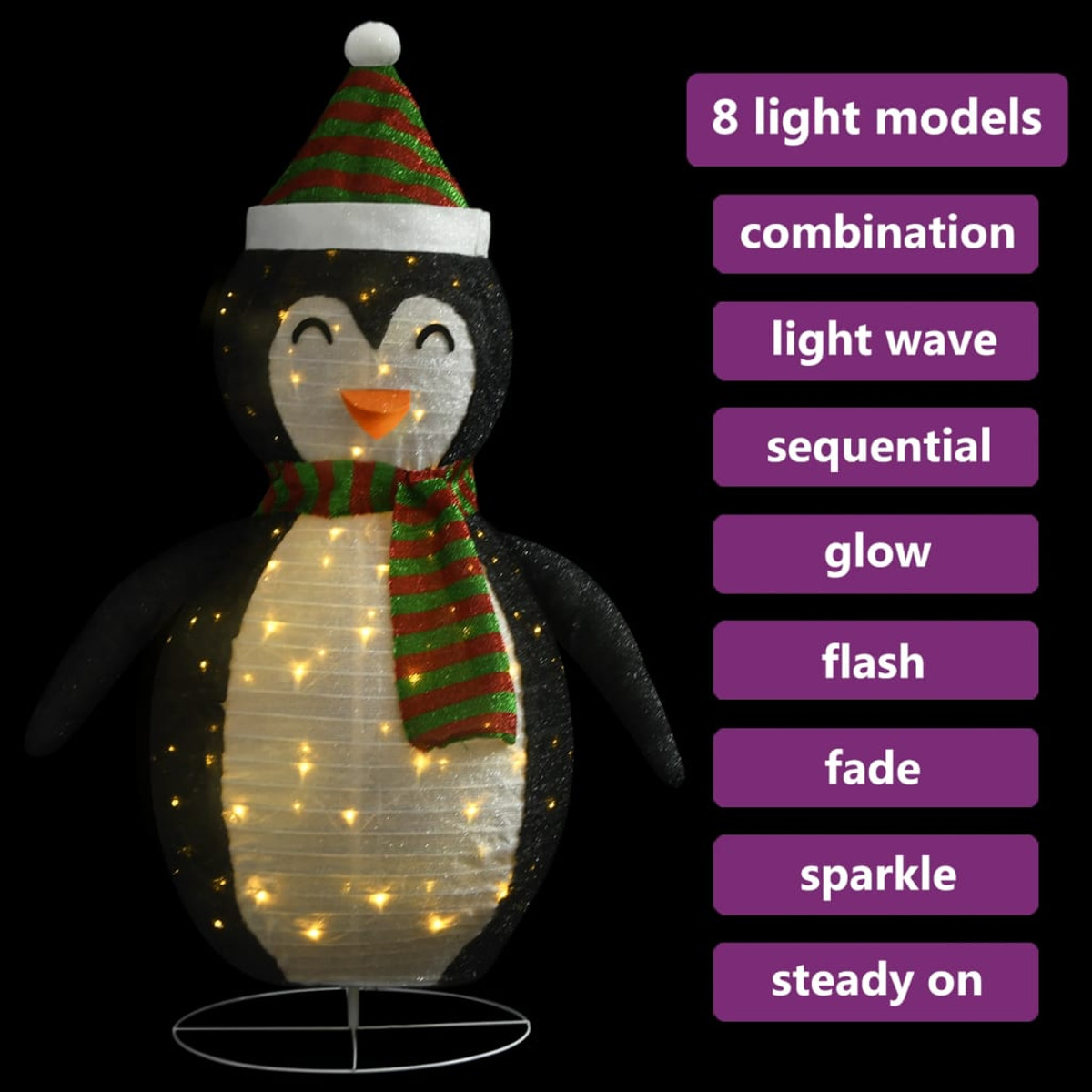Pinguin-Weihnachtsdekoration mit Lichtern. Hut, Schal und mehrere Lichtmodi aufgelistet.