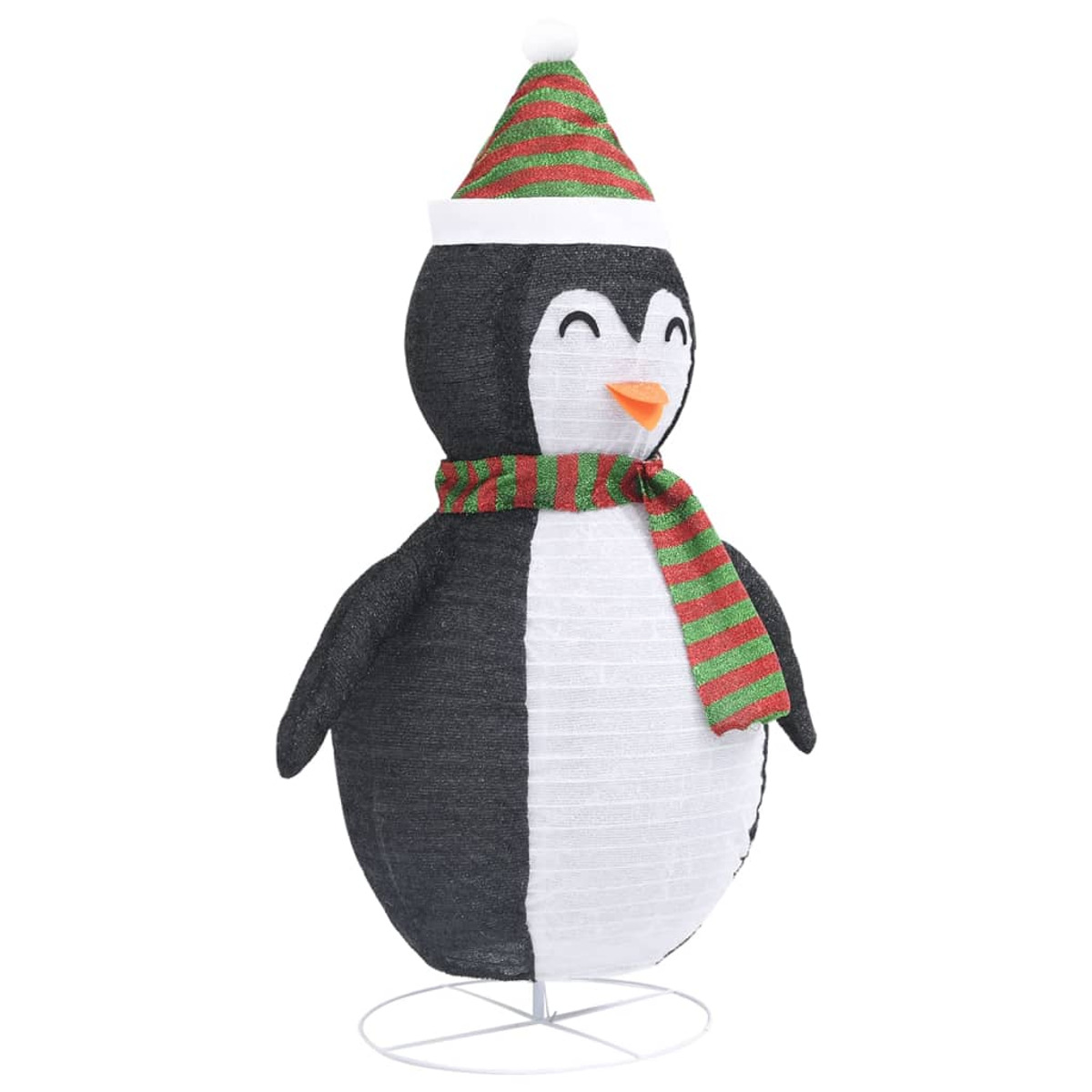Pinguin-Dekoration mit Hut, Schal und Ständer. Hauptsächlich schwarz und weiß.