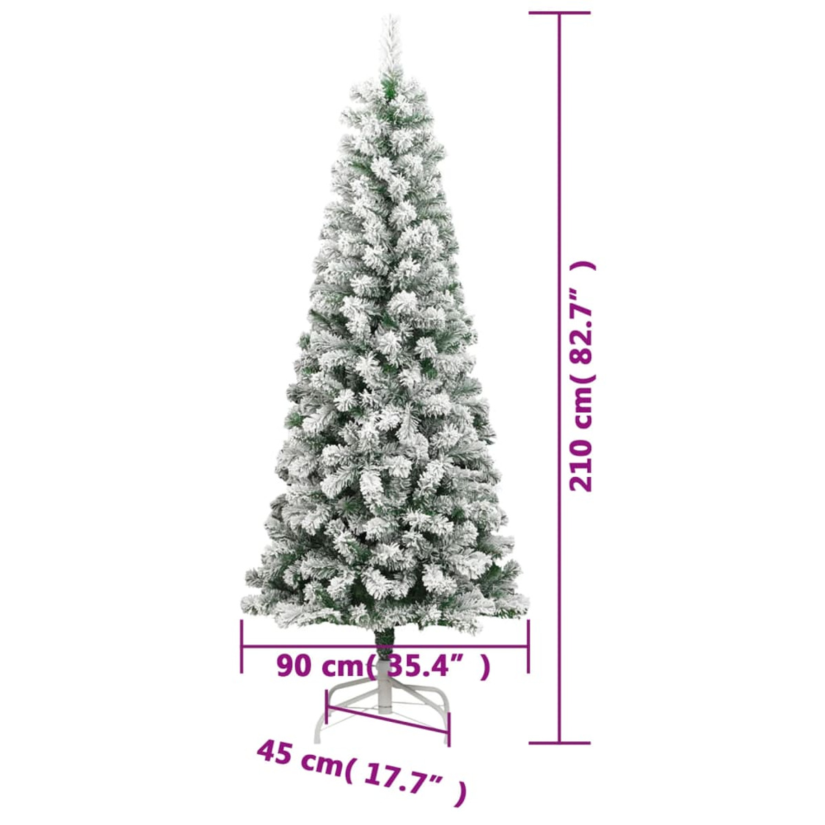 Weißer künstlicher Weihnachtsbaum mit Maßen. Der Baum steht auf weißem Hintergrund.